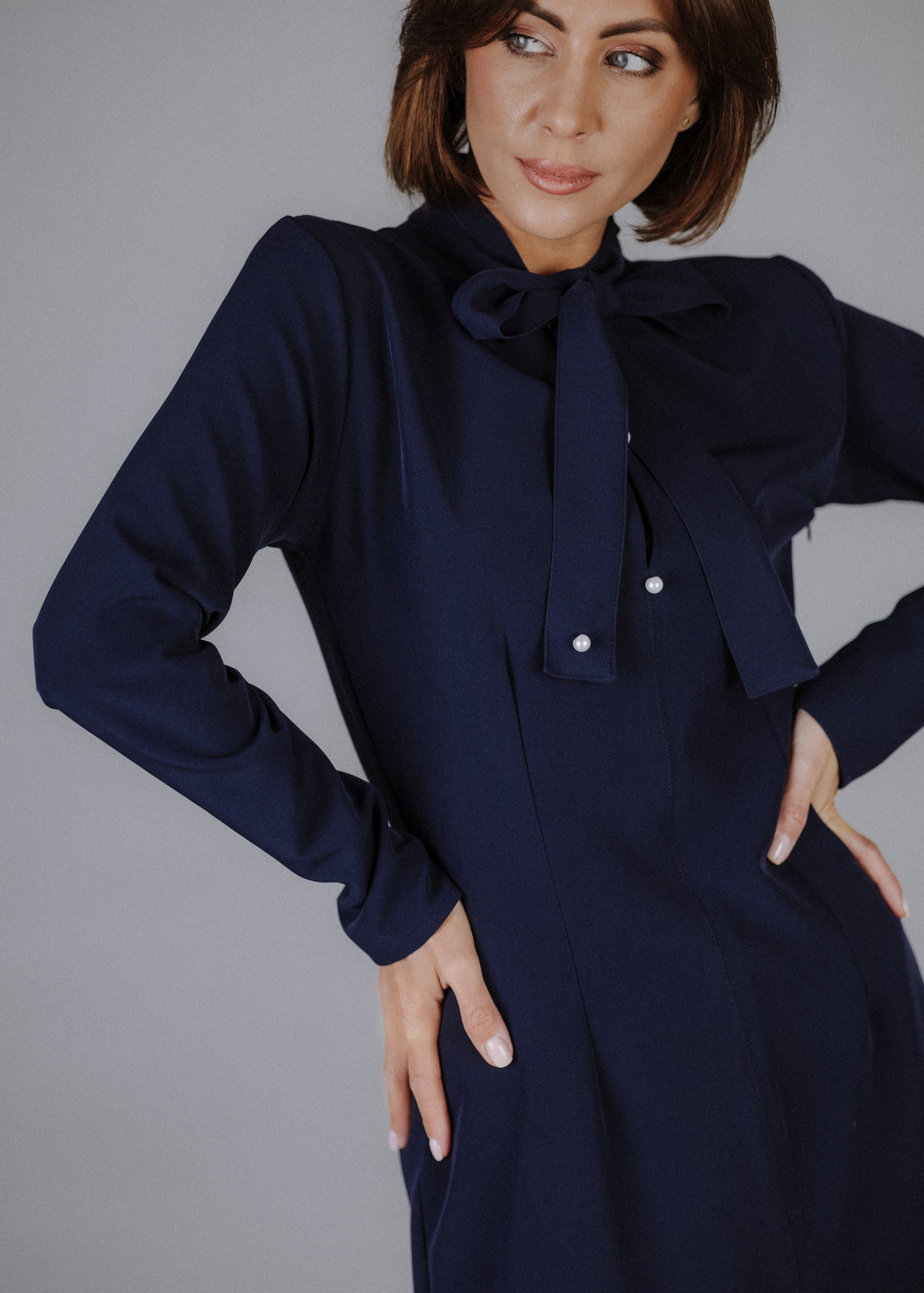 Fine fabric dress in dark blue