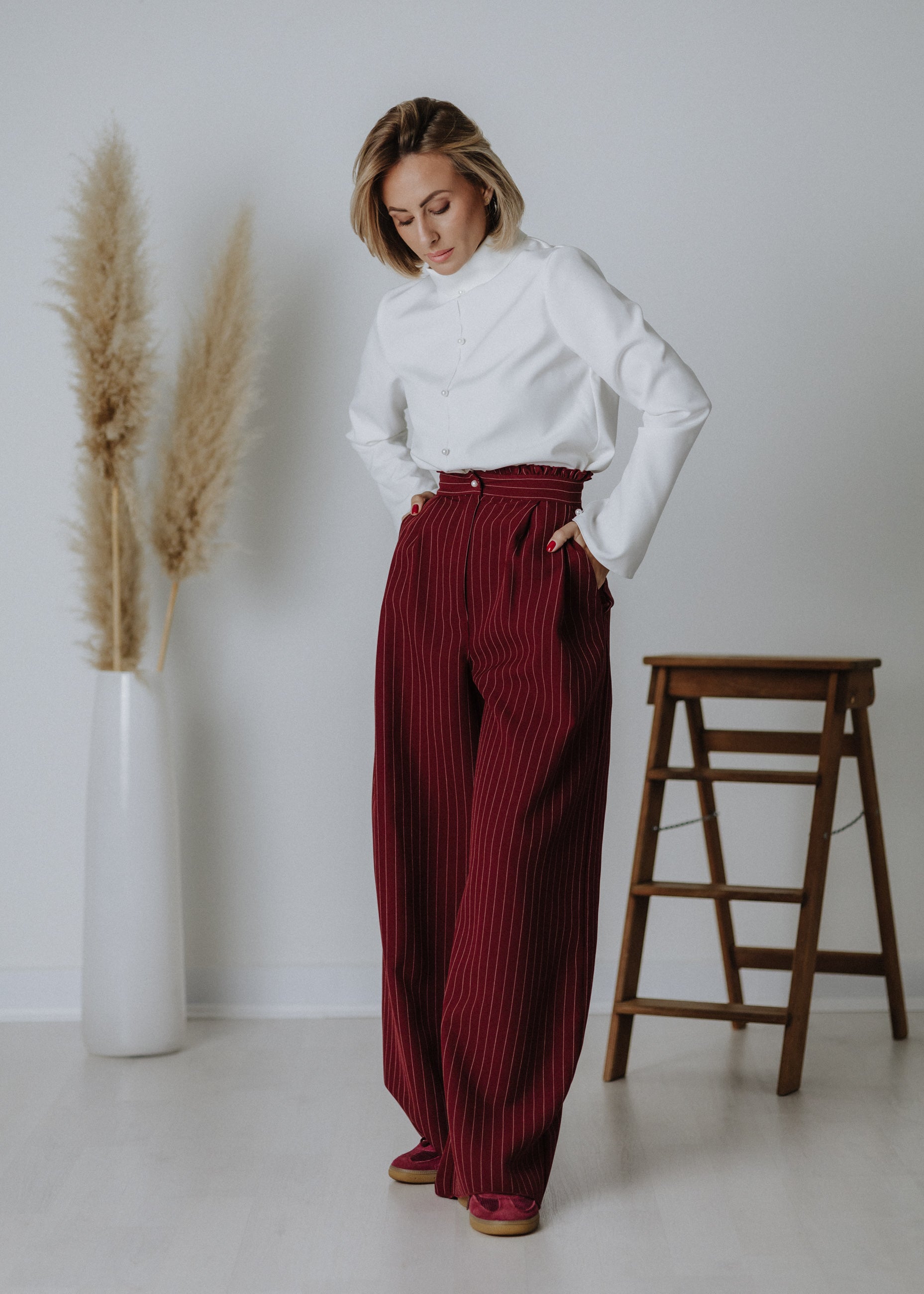 Limited edition striped fabric trousers in dark burgundy