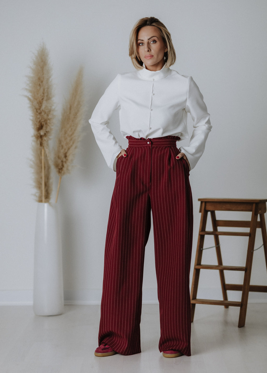 Limited edition striped fabric trousers in dark burgundy