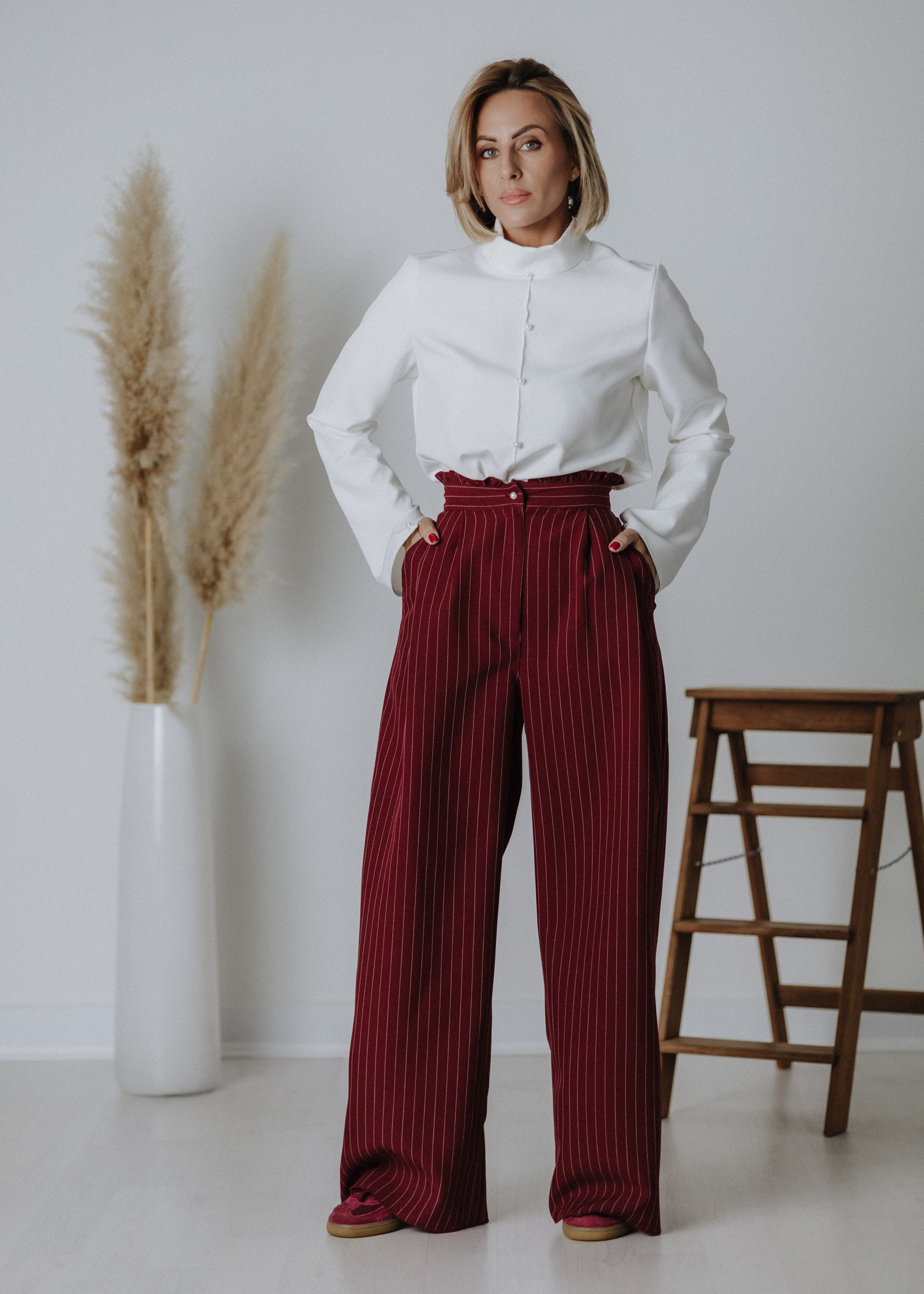 Limited edition striped fabric trousers in dark burgundy