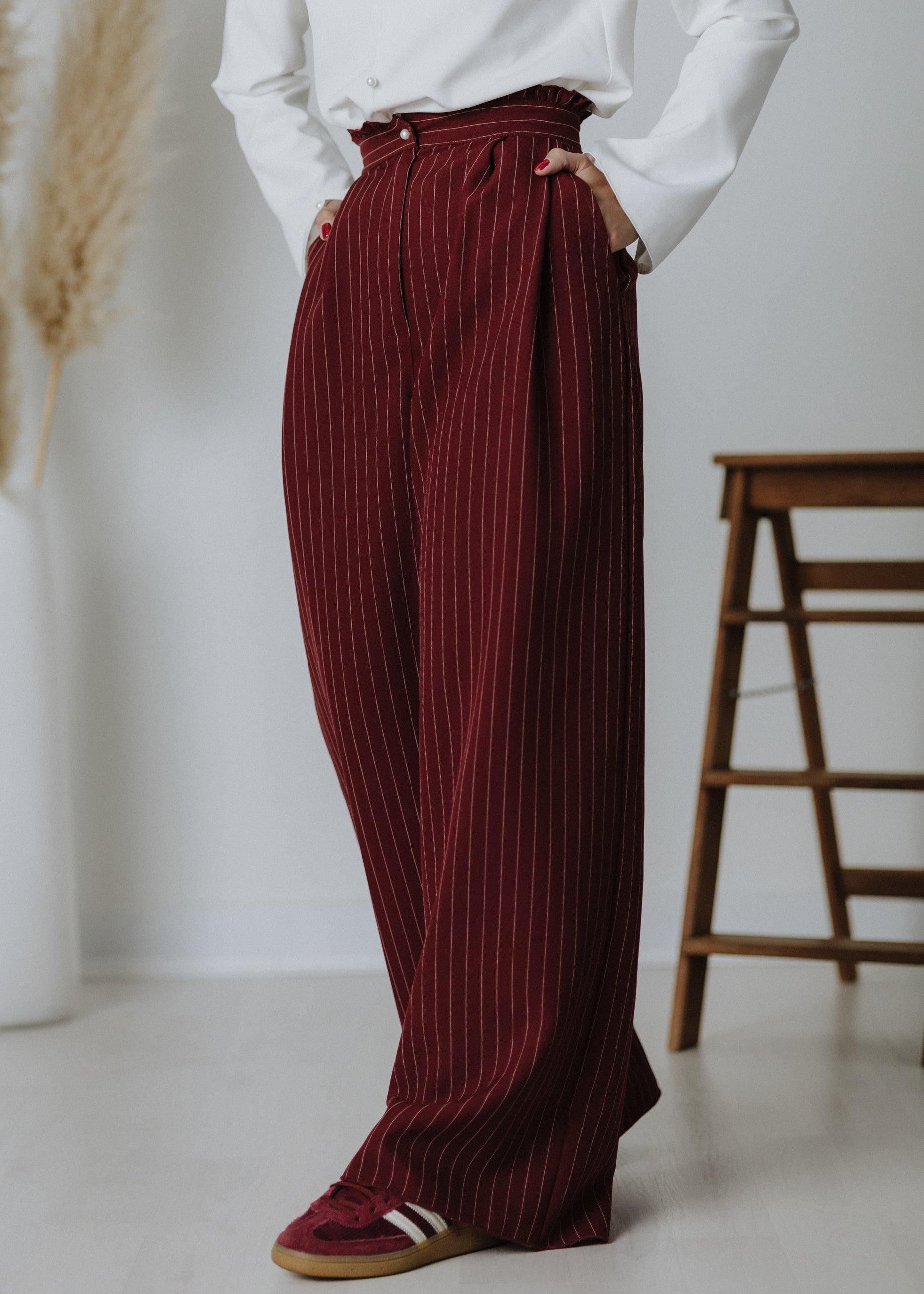 Limited edition striped fabric trousers in dark burgundy