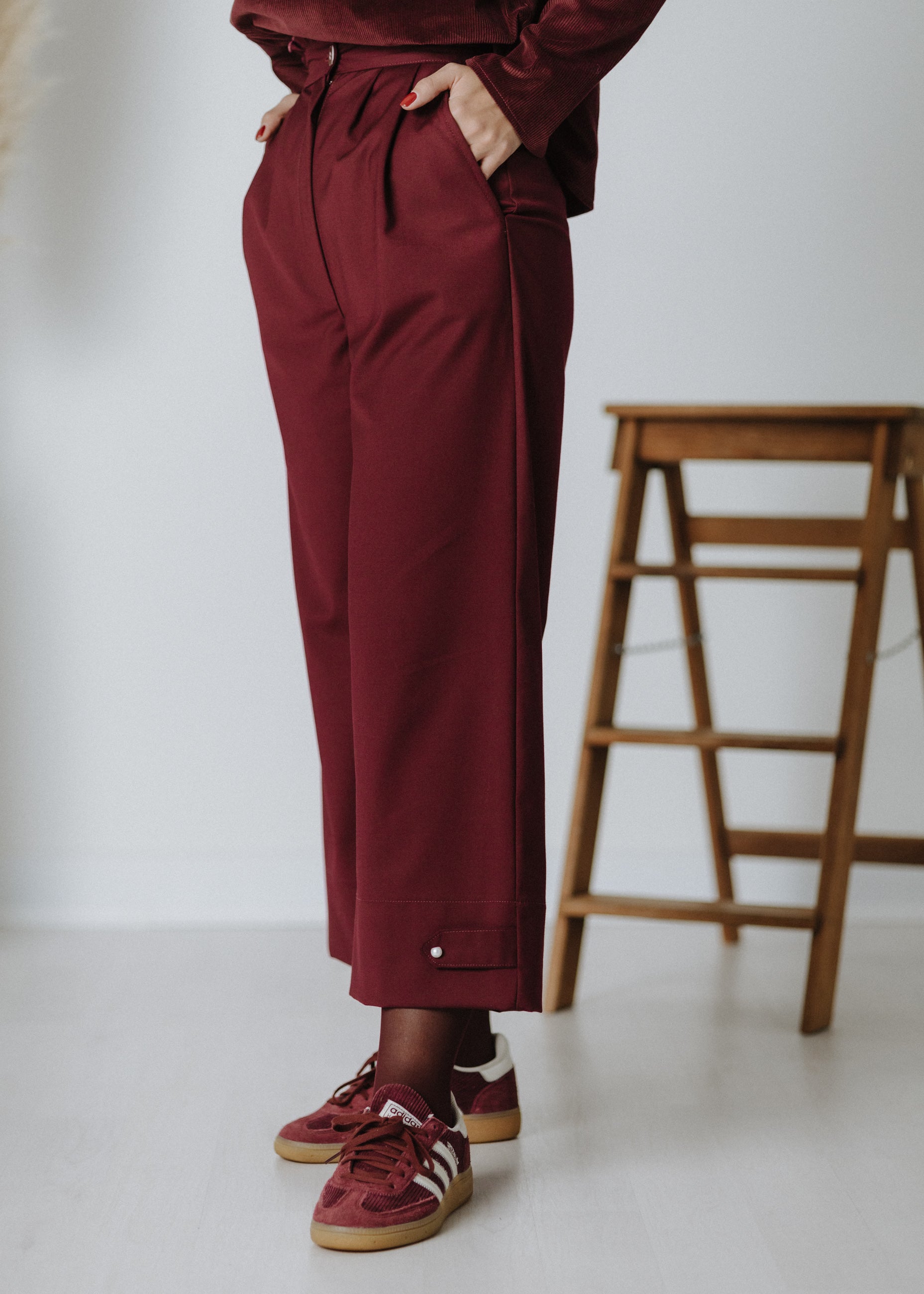 Burgundy ruffled culottes