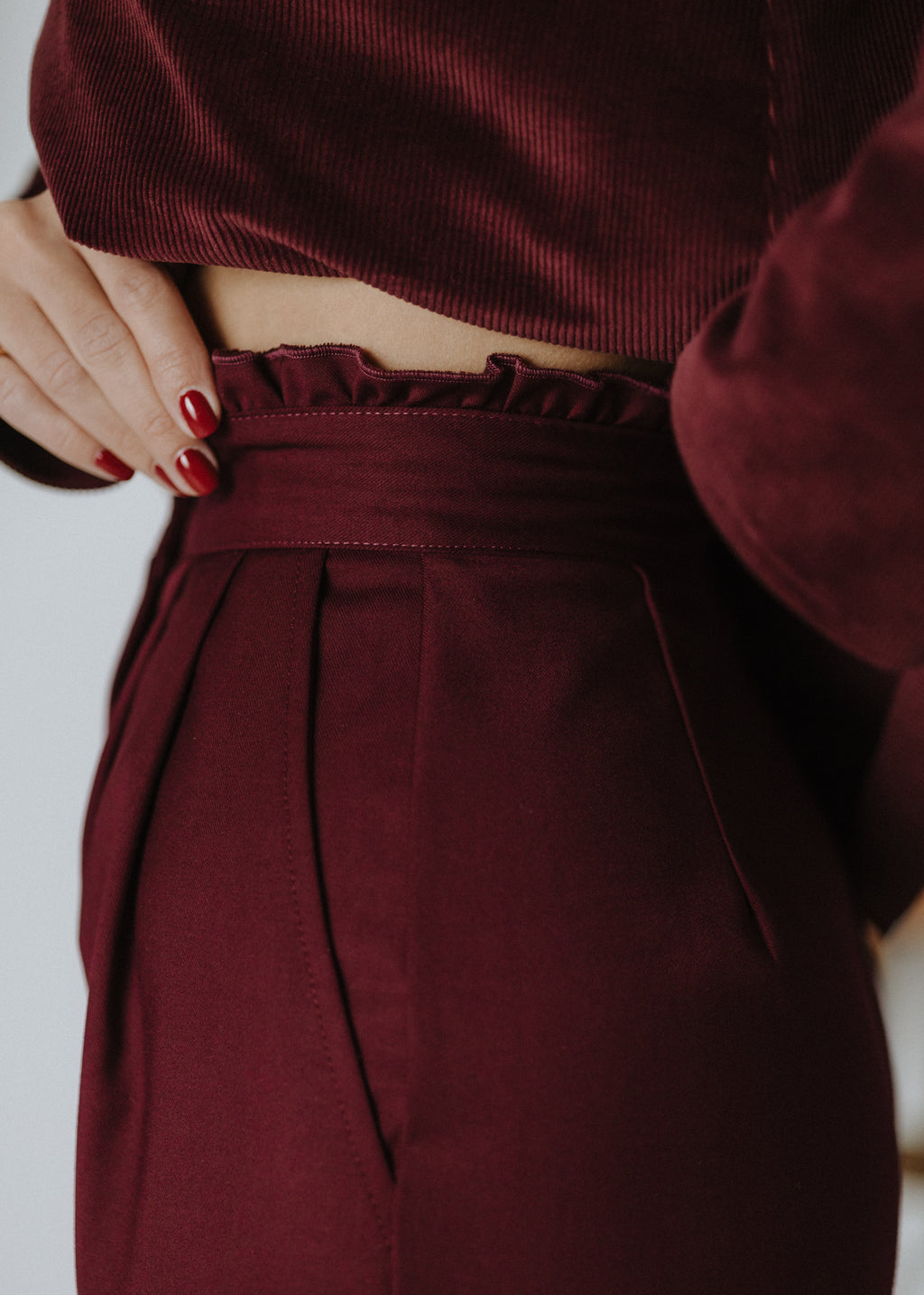 Burgundy ruffled culottes