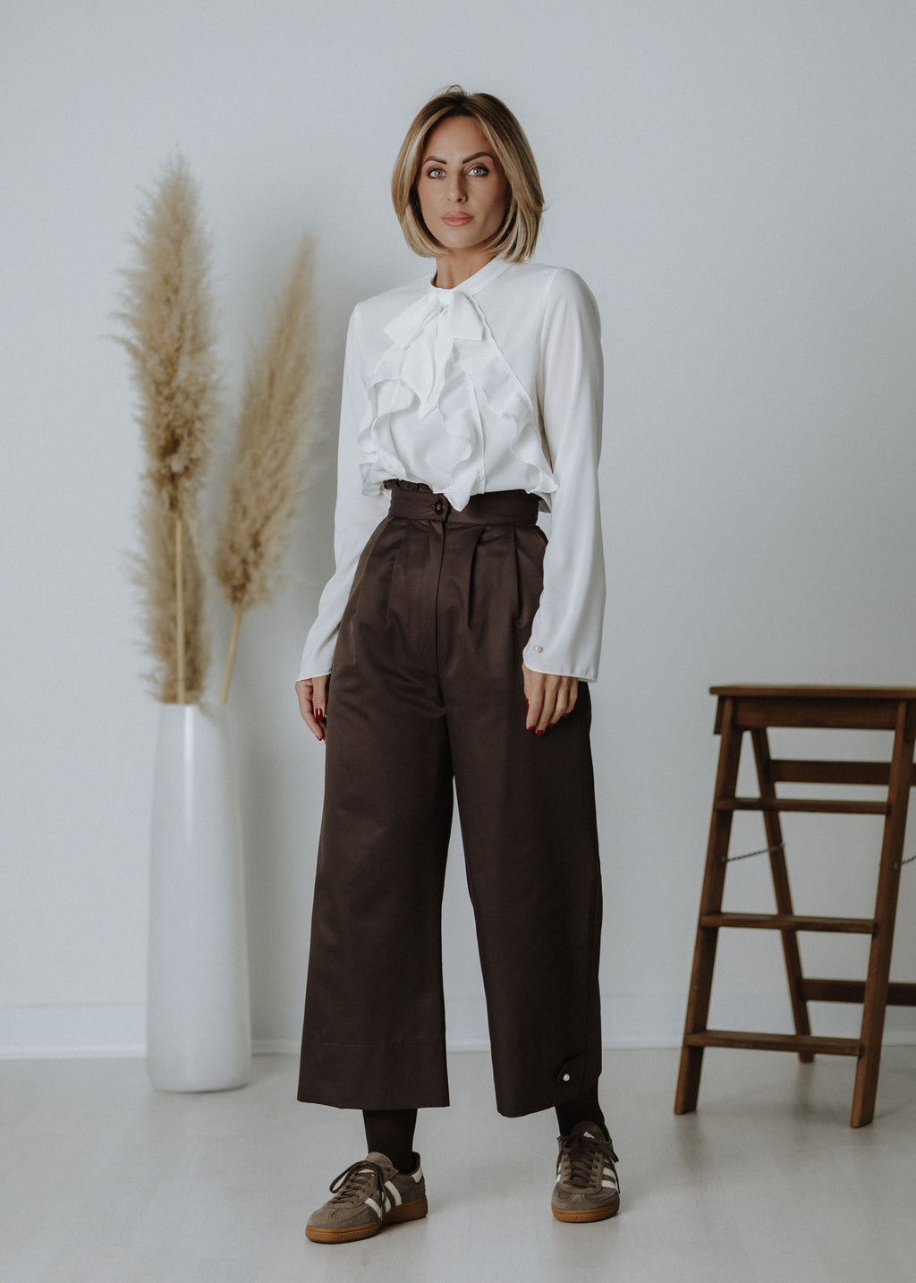 Chocolate brown ruffled culottes