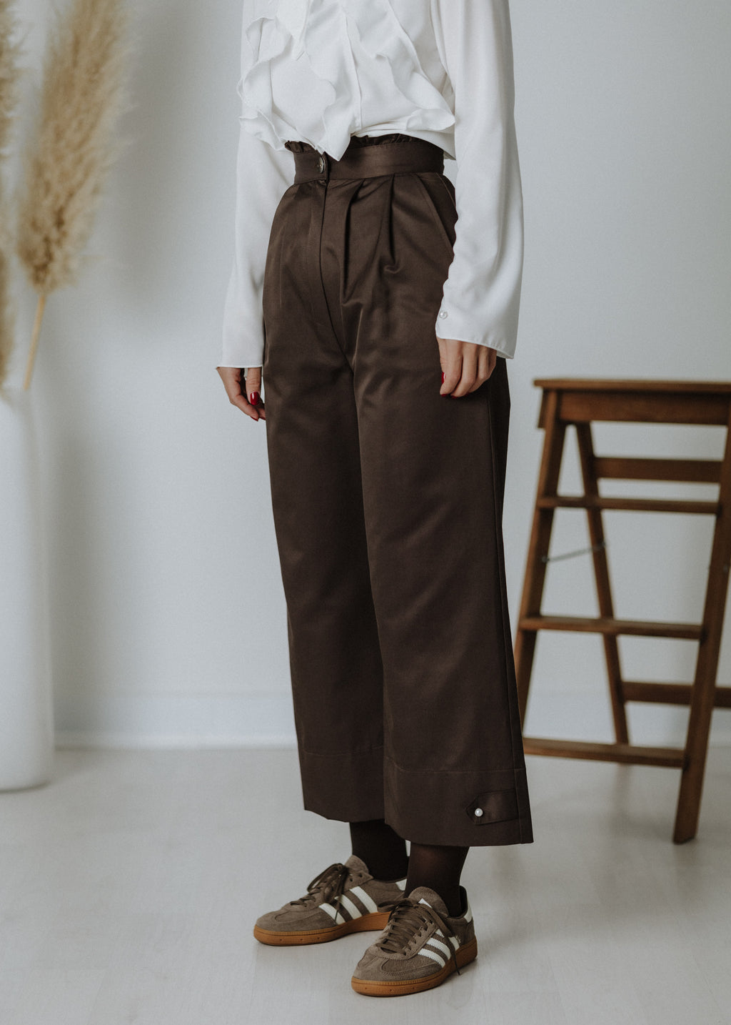 Chocolate brown ruffled culottes