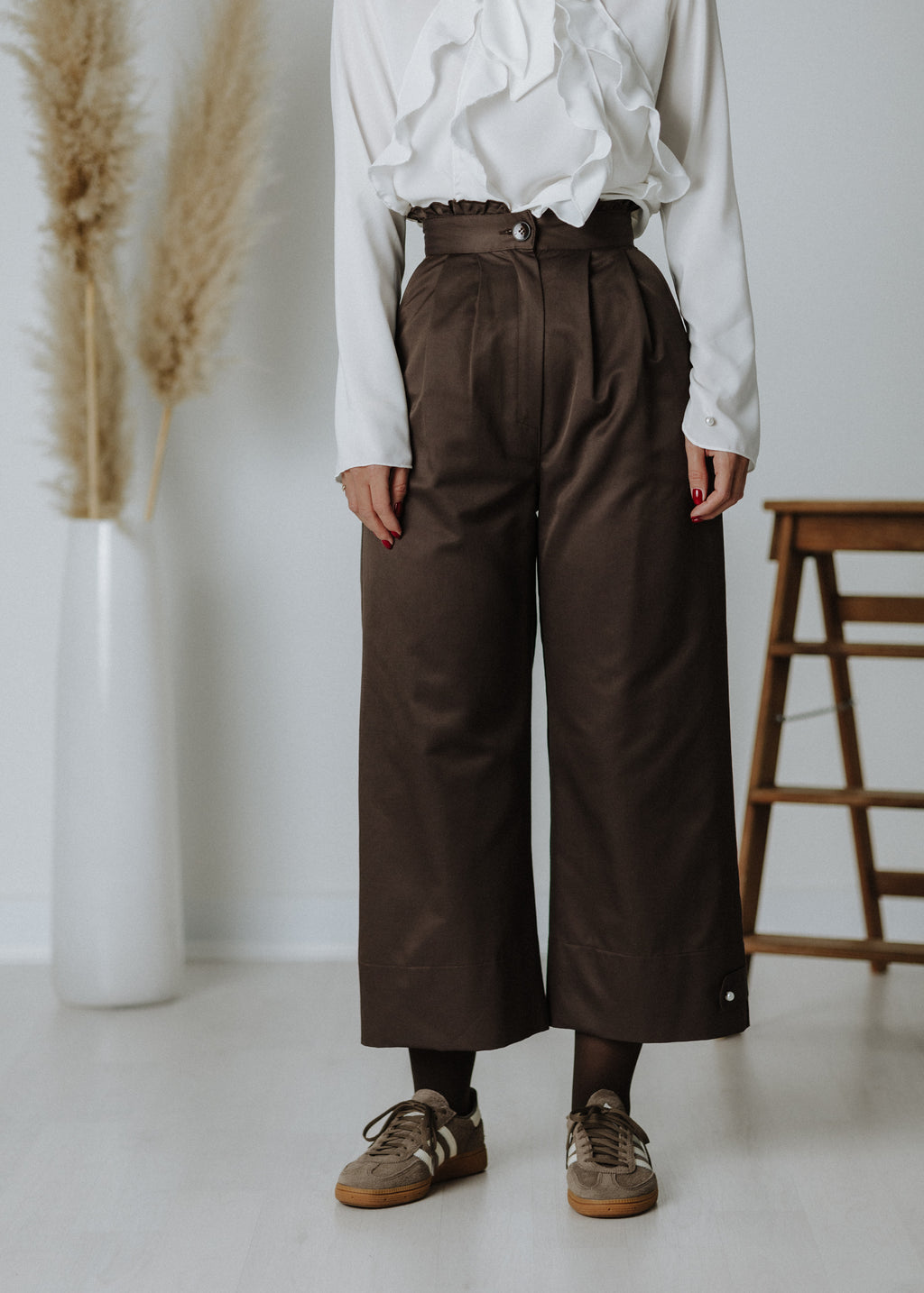 Chocolate brown ruffled culottes