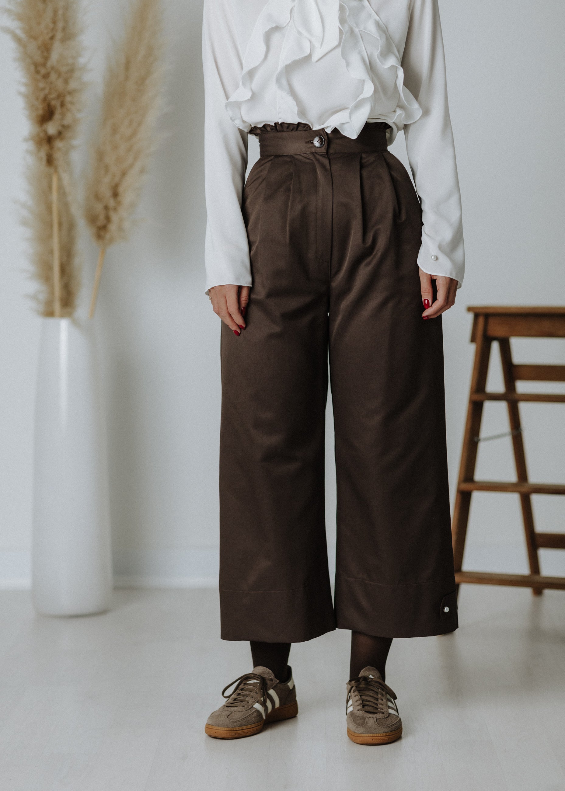 Chocolate brown ruffled culottes
