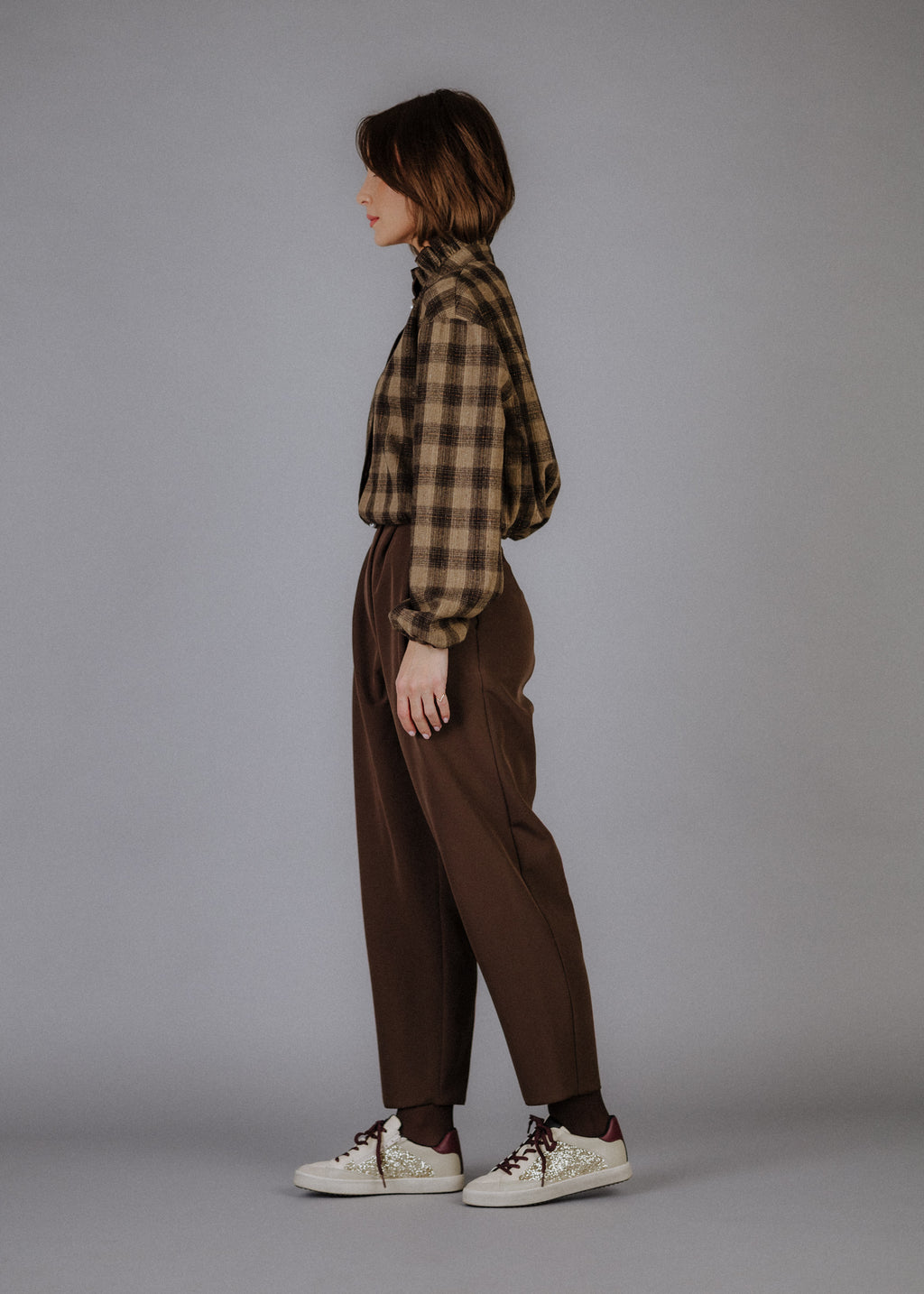 Wool blend bomber jacket with dark brown check pattern