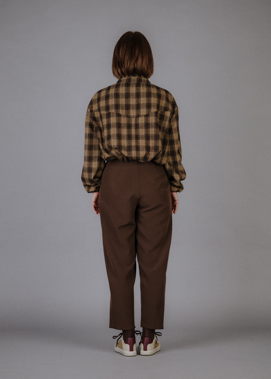 Wool blend bomber jacket with dark brown check pattern