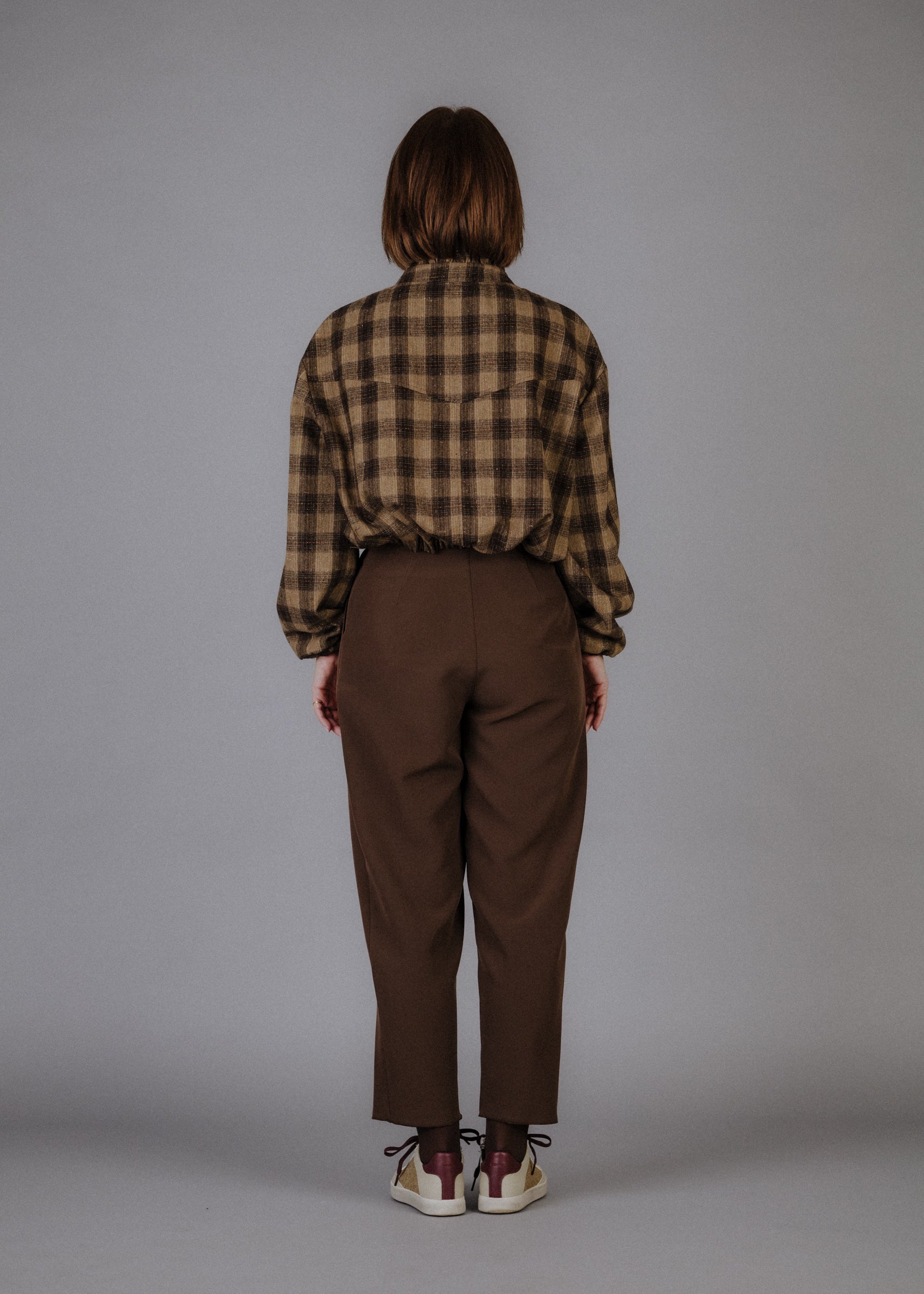 Wool blend bomber jacket with dark brown check pattern