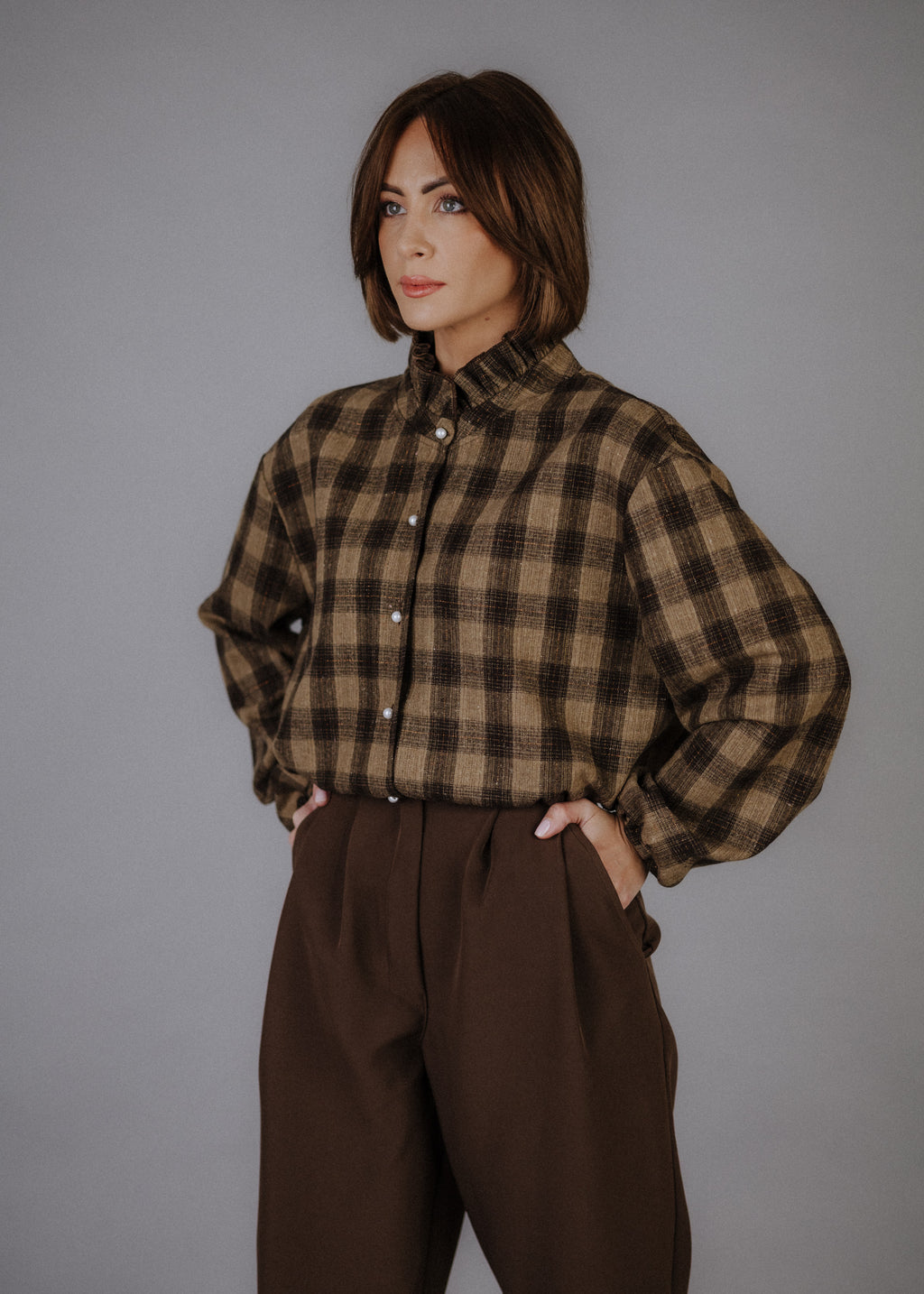 Wool blend bomber jacket with dark brown check pattern