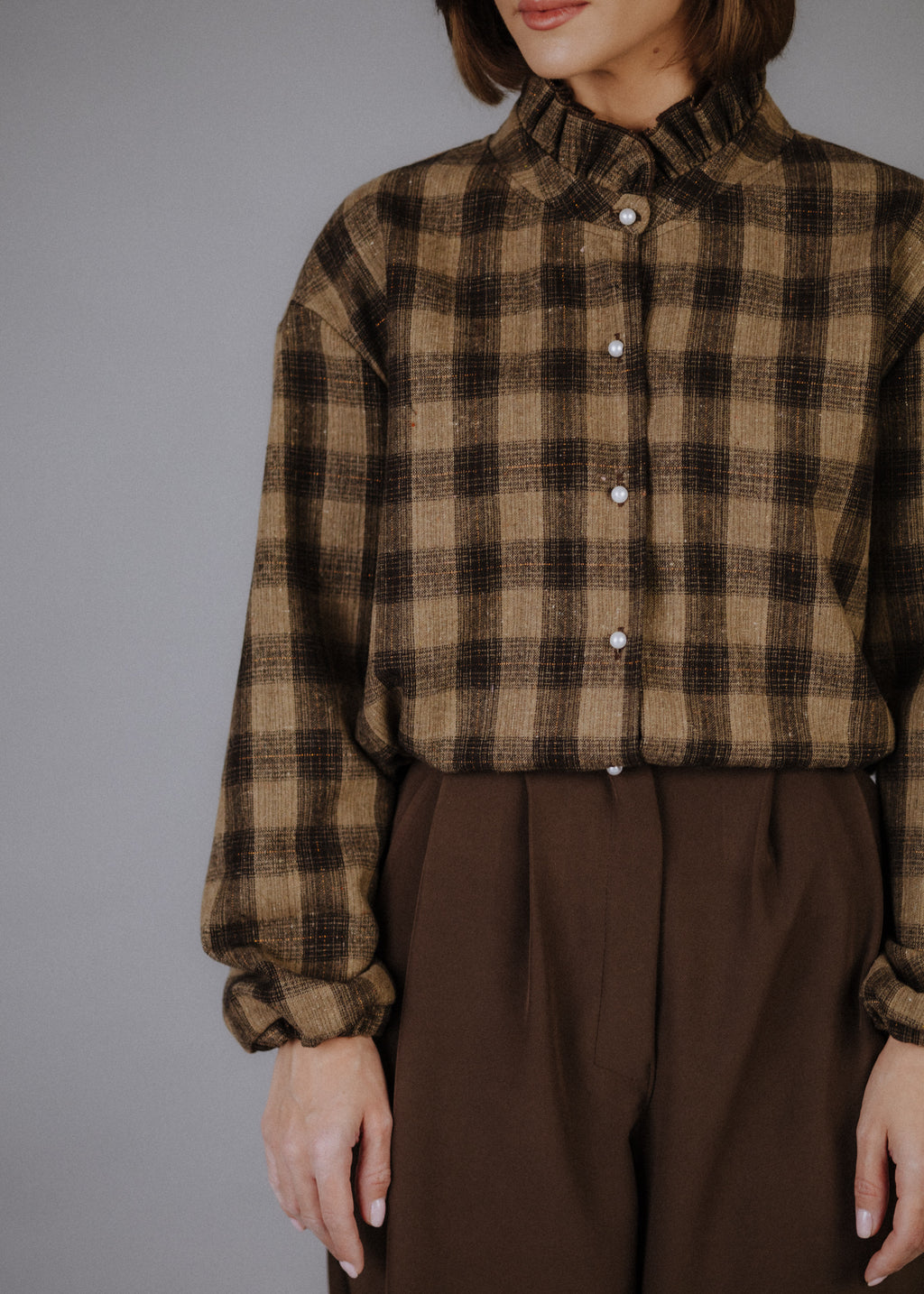 Wool blend bomber jacket with dark brown check pattern