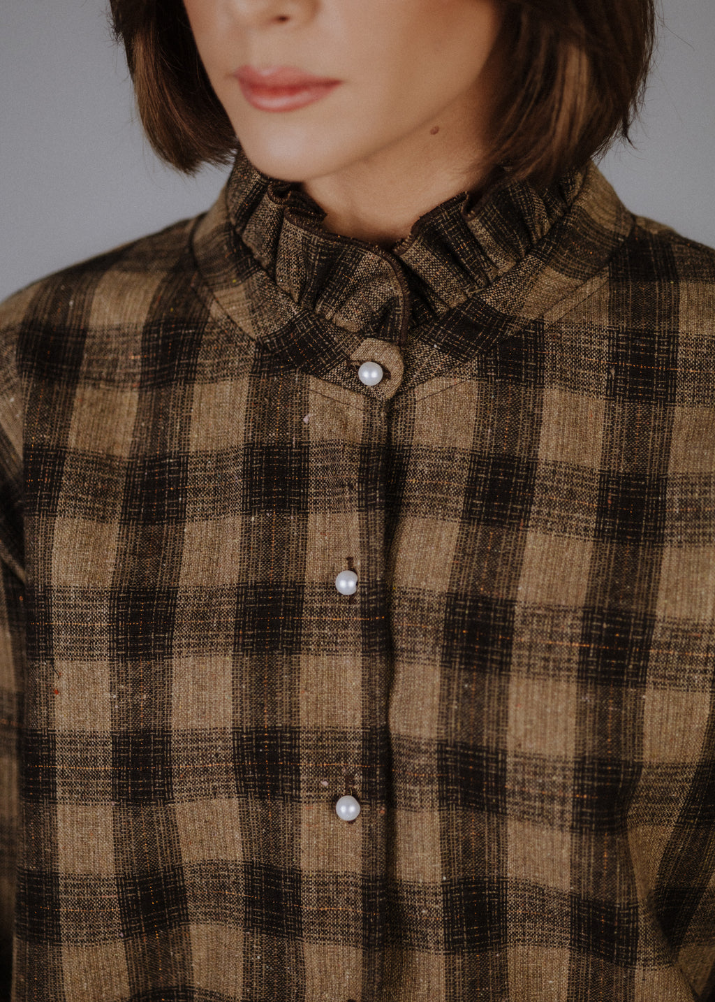 Wool blend bomber jacket with dark brown check pattern