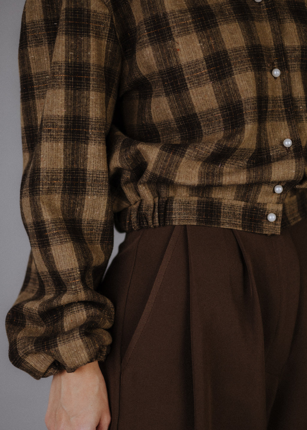 Wool blend bomber jacket with dark brown check pattern