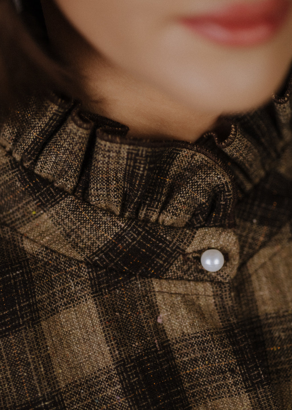 Wool blend bomber jacket with dark brown check pattern