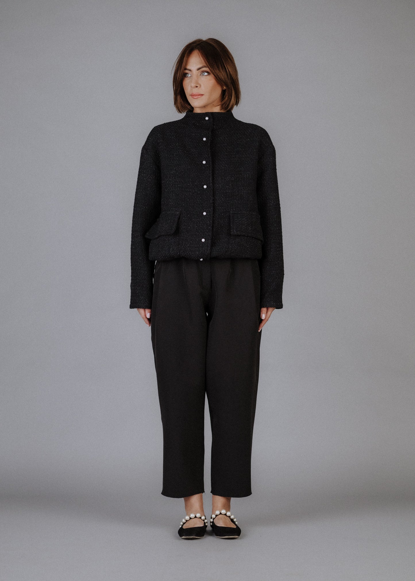 Boucle bomber jacket in black