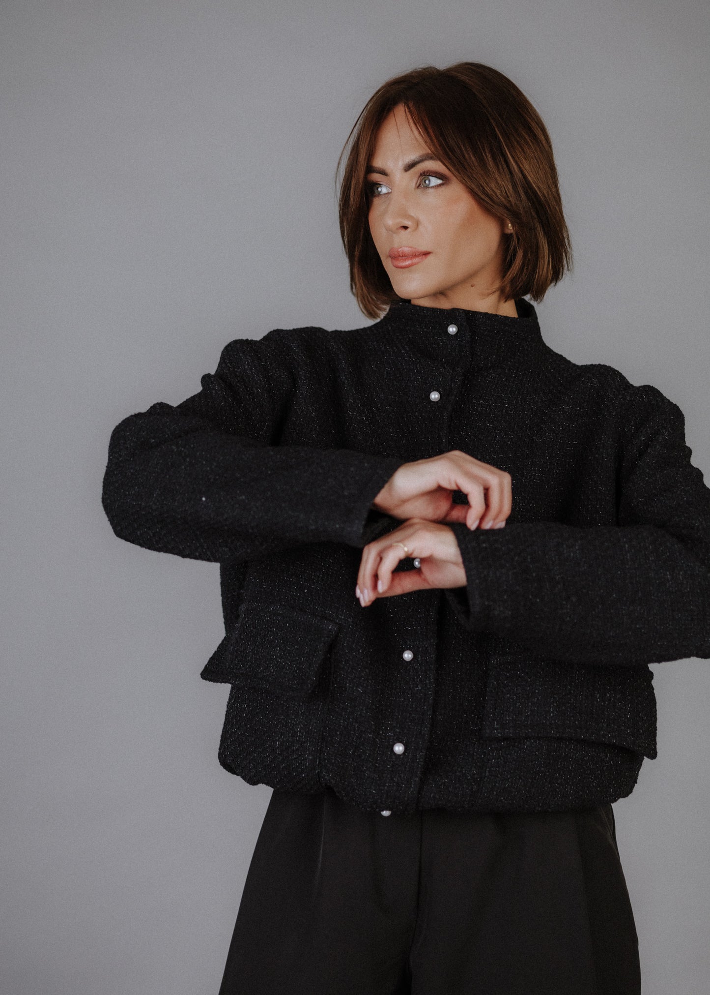 Boucle bomber jacket in black