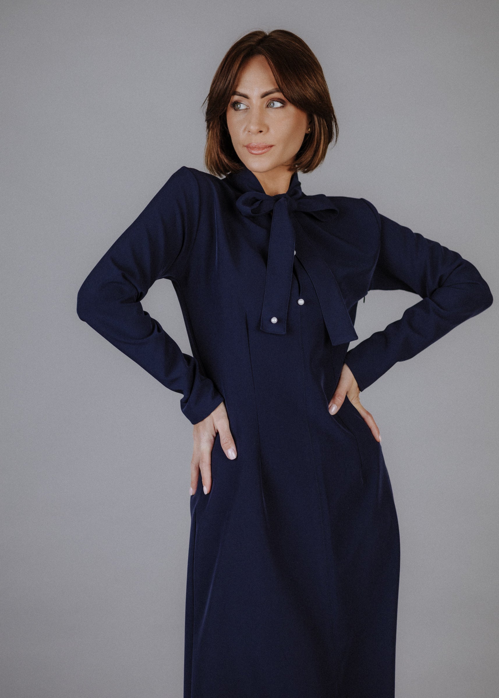 Fine fabric dress in dark blue