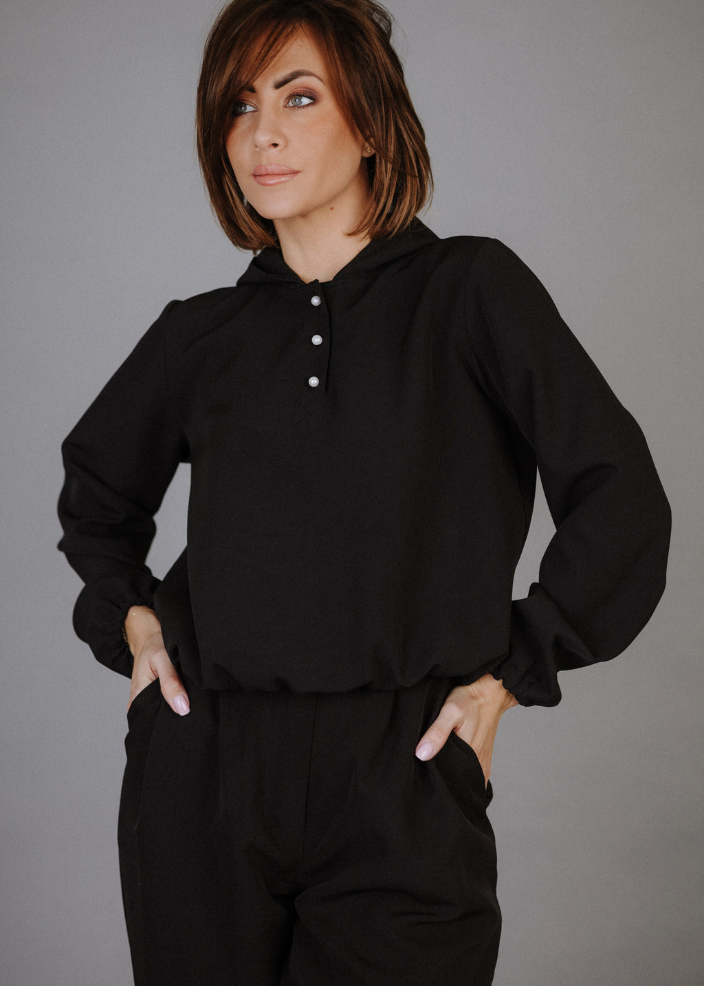 Hooded fabric top in black