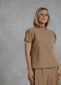 Short tulip sleeve top in camel color