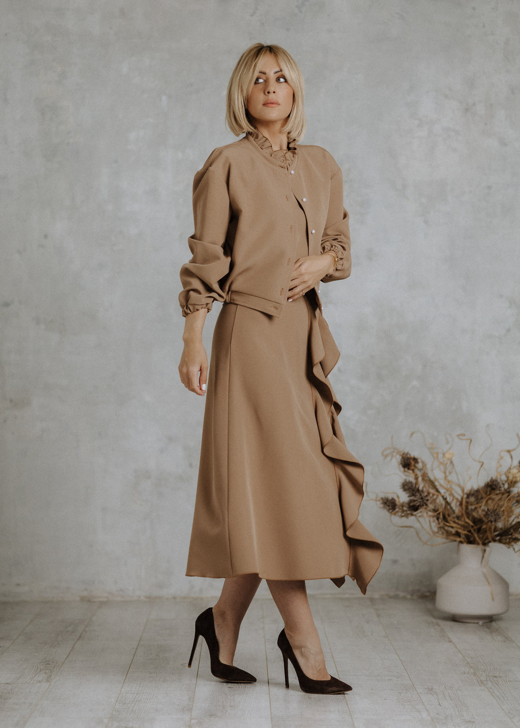 Camel colored pleated skirt