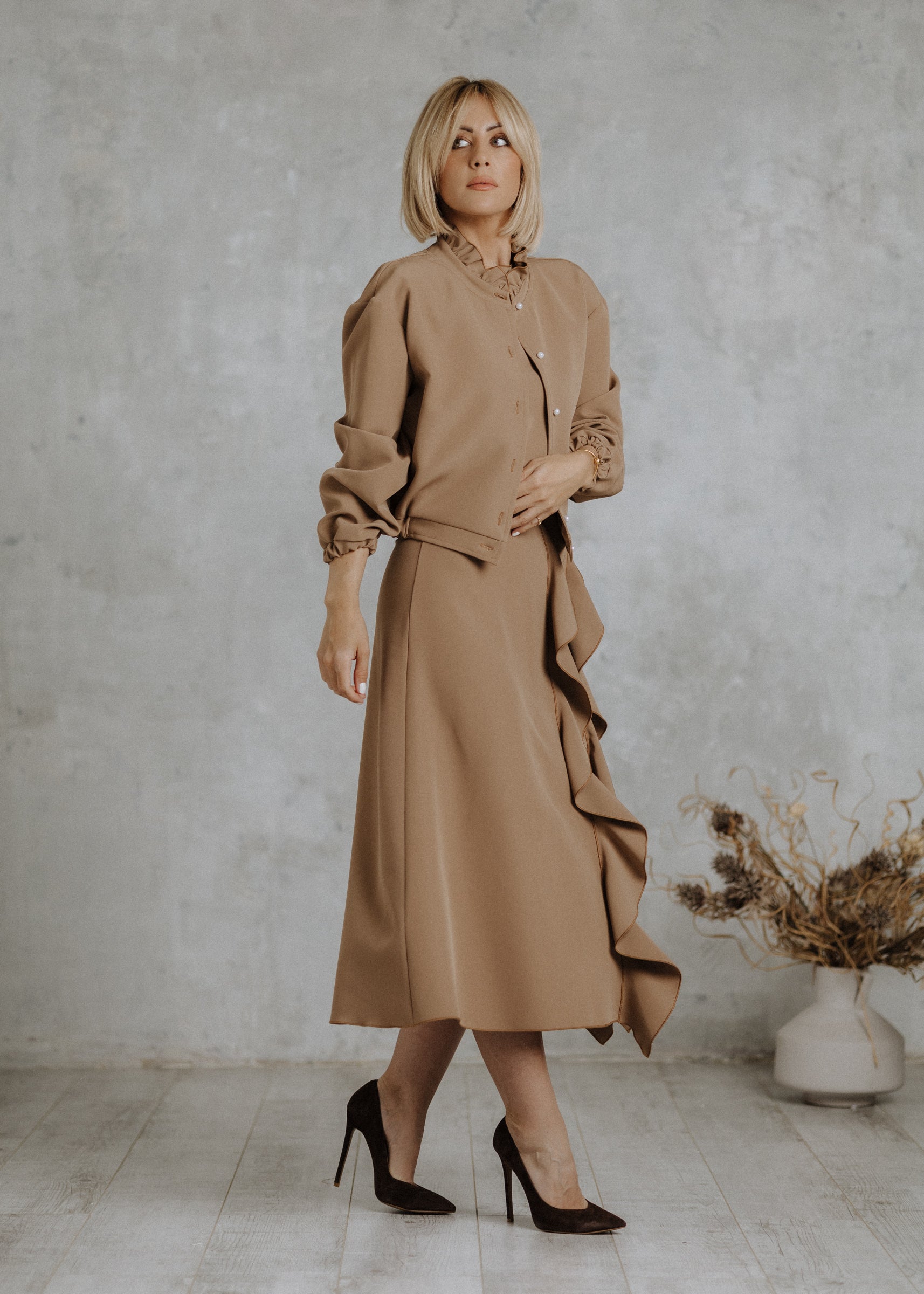 Camel colored pleated skirt