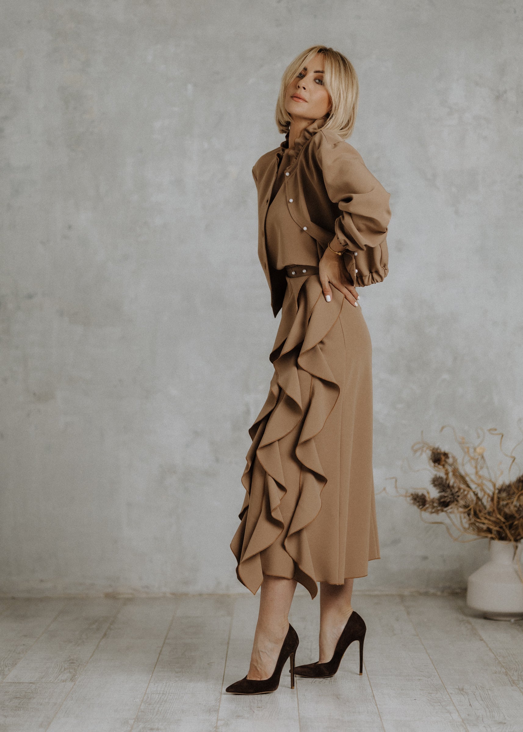 Camel colored pleated skirt