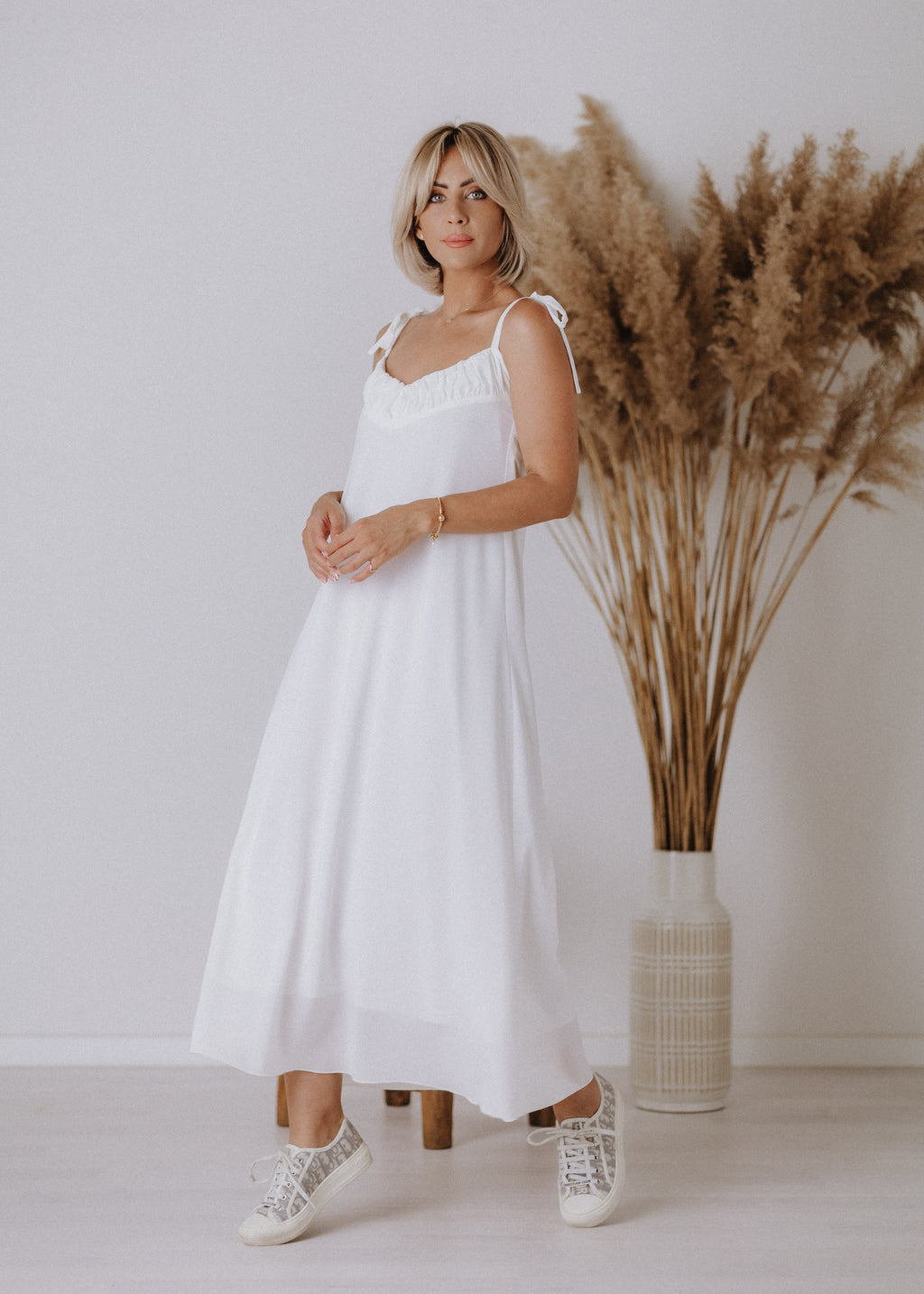 Muslin dress with gathered top in ecru