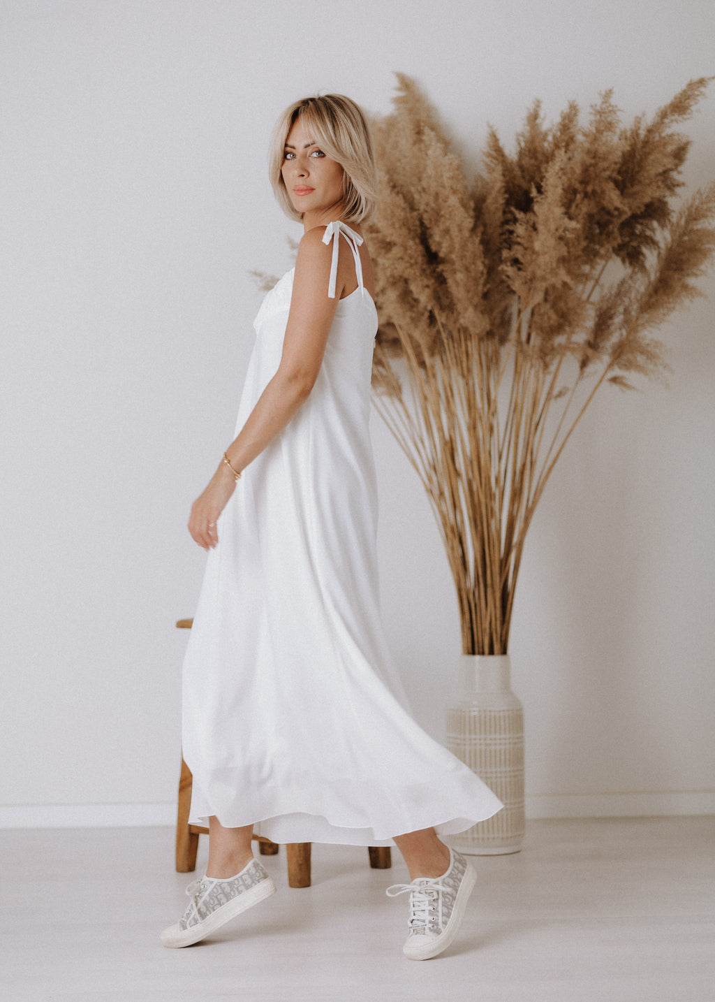 Muslin dress with gathered top in ecru