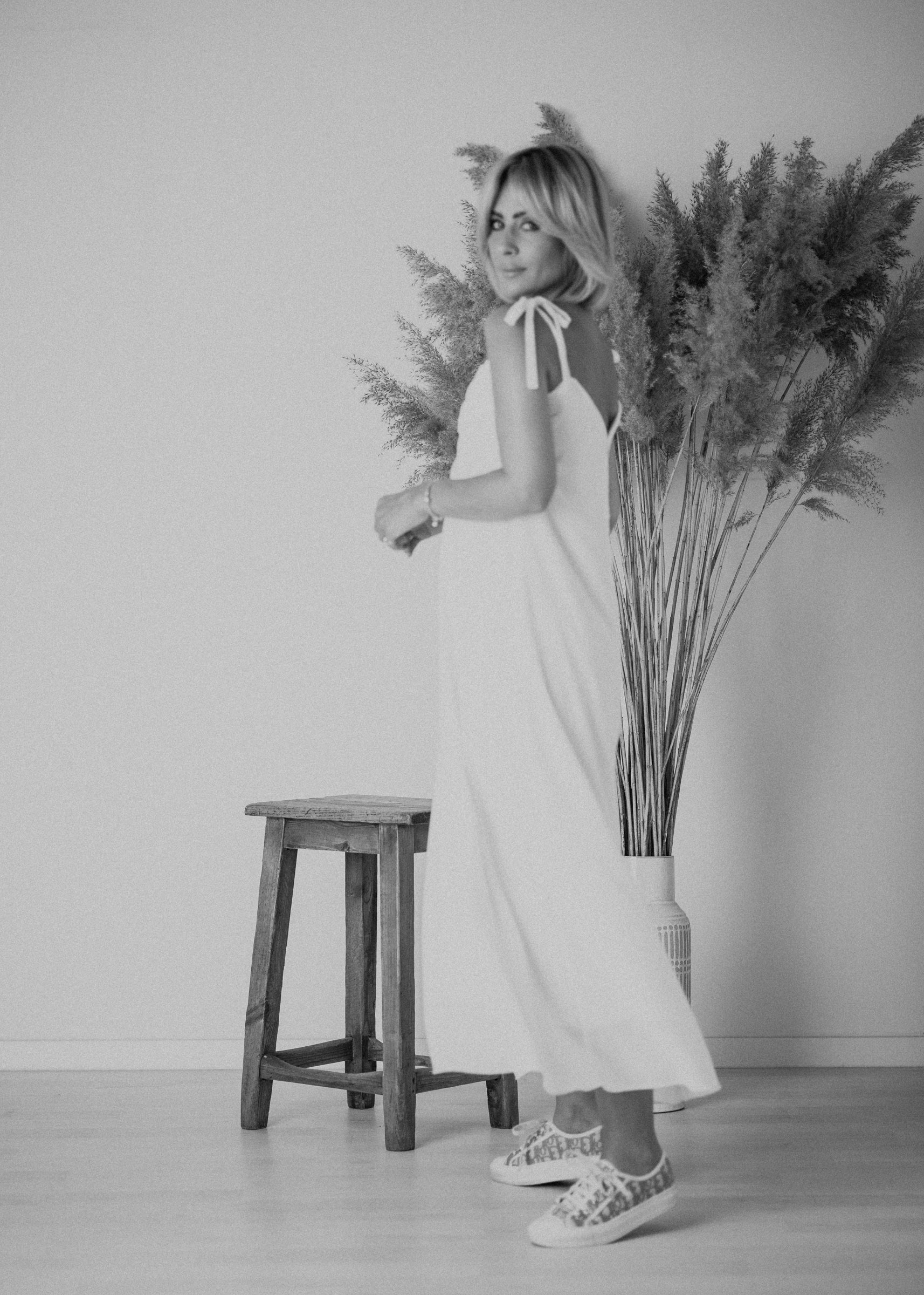 Muslin dress with gathered top in ecru