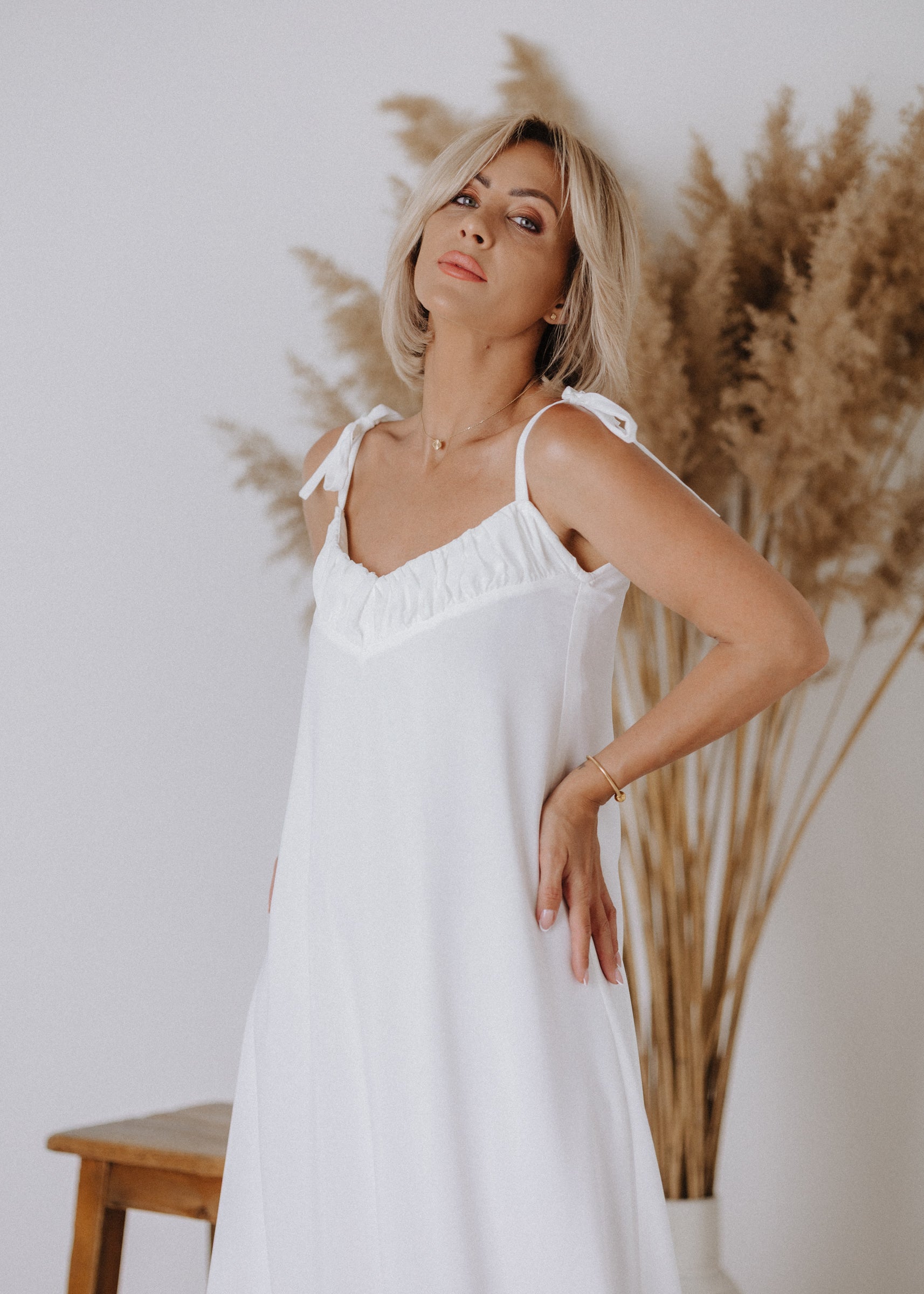 Muslin dress with gathered top in ecru