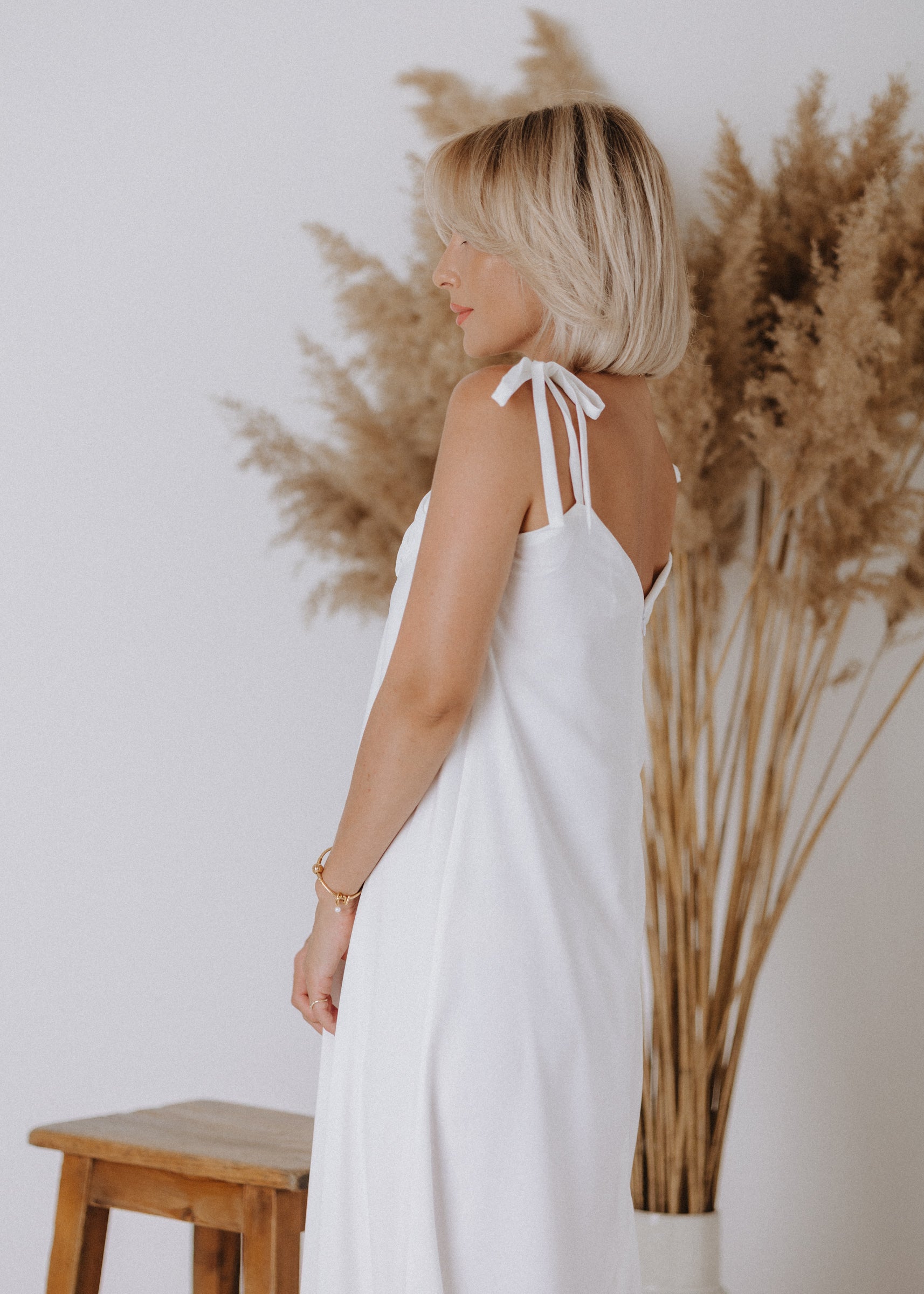 Muslin dress with gathered top in ecru