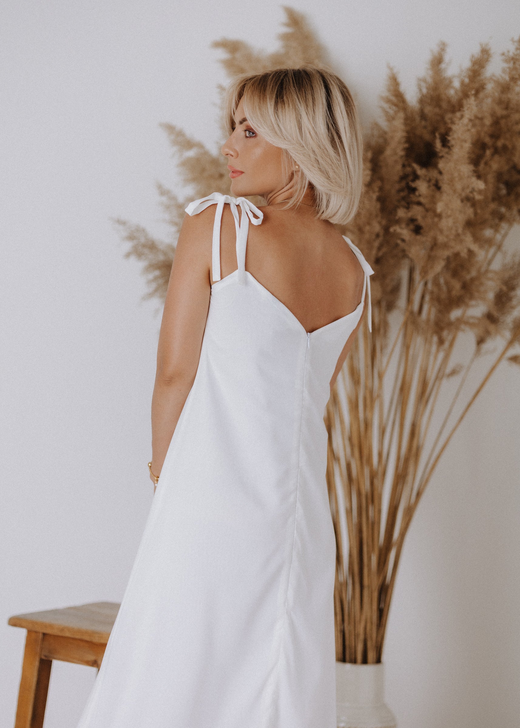 Muslin dress with gathered top in ecru