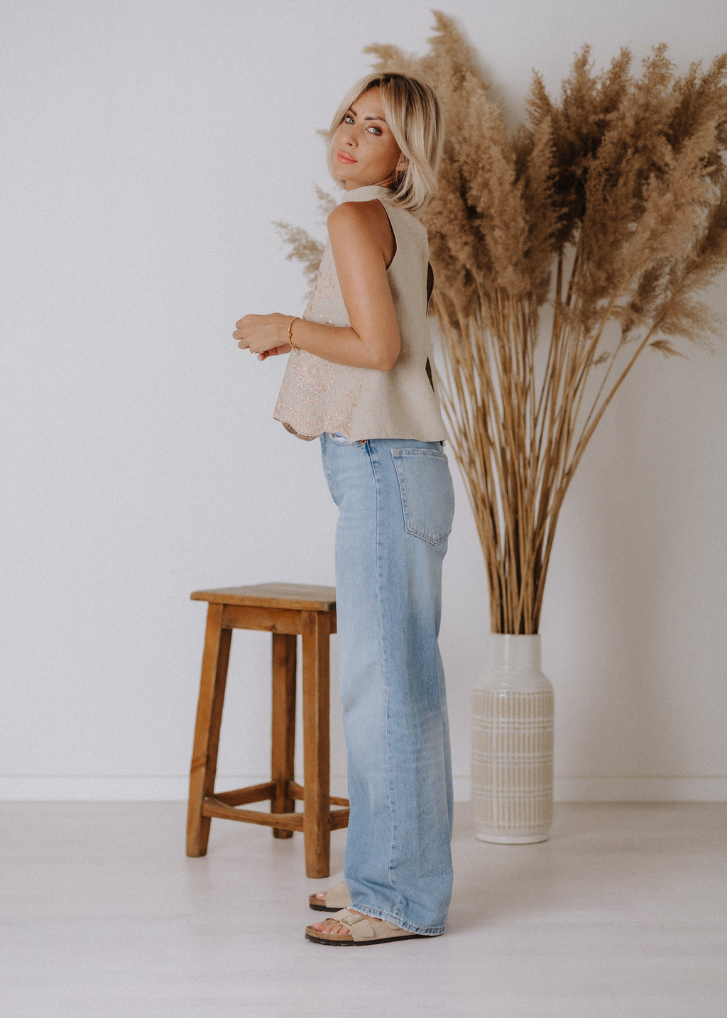 Limited edition embroidered linen top in sand color