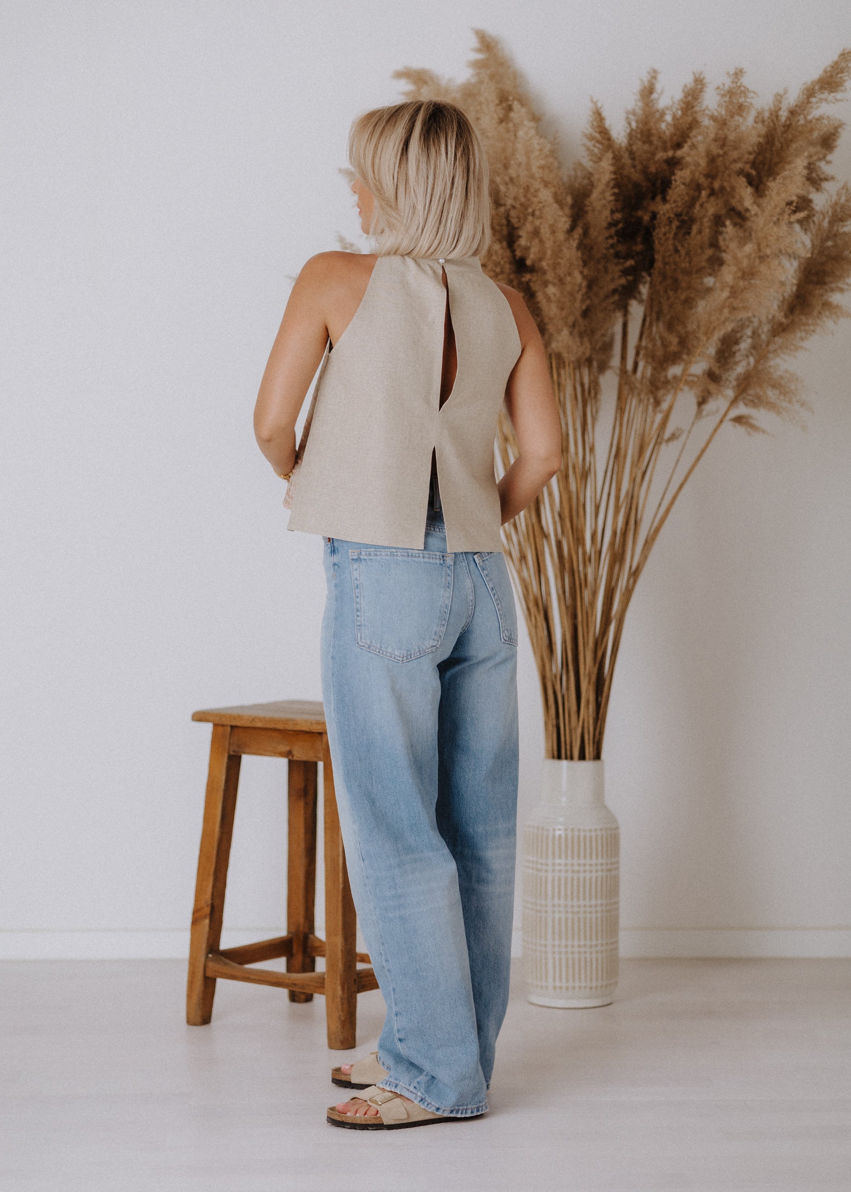 Limited edition embroidered linen top in sand color