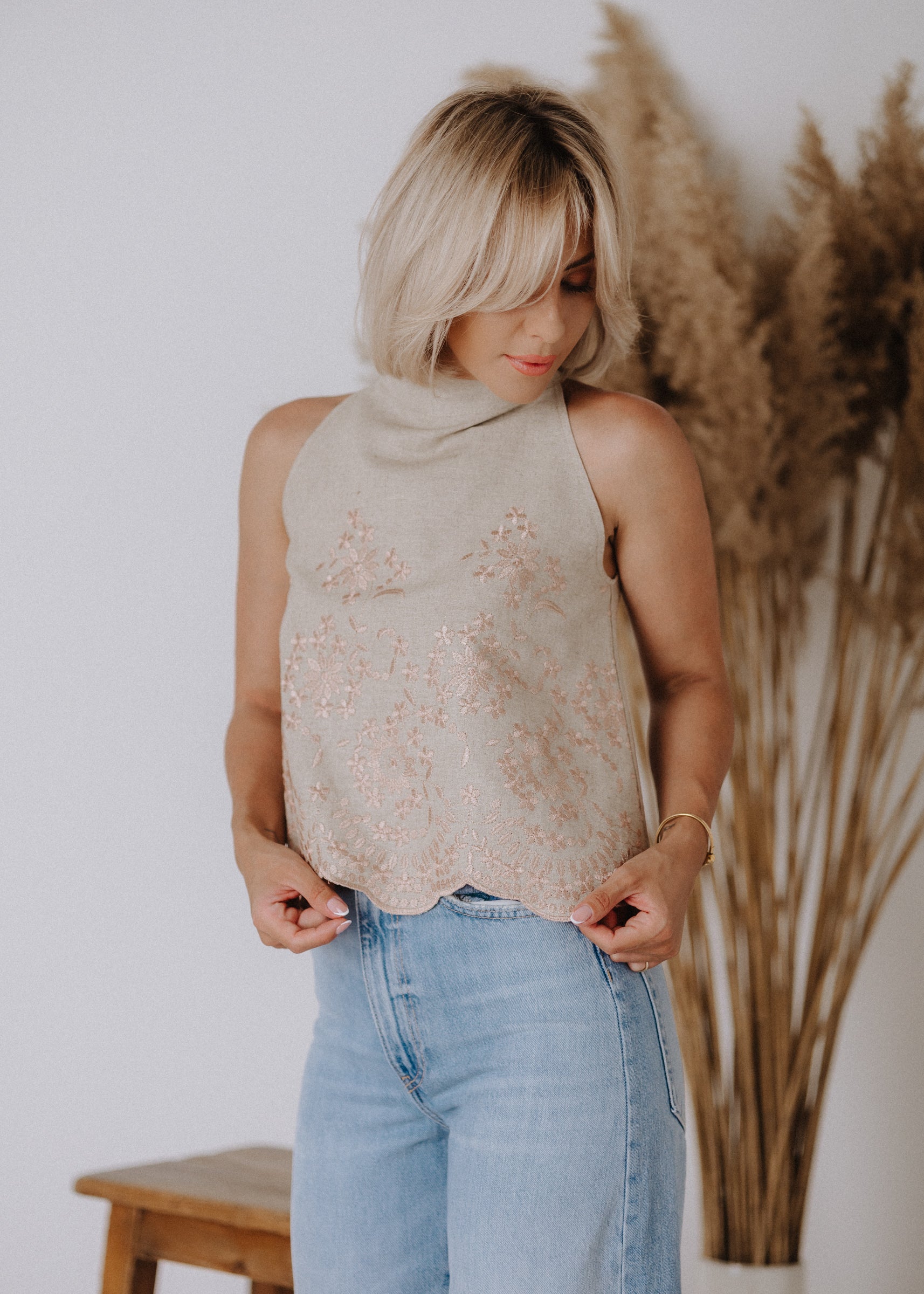 Limited edition embroidered linen top in sand color