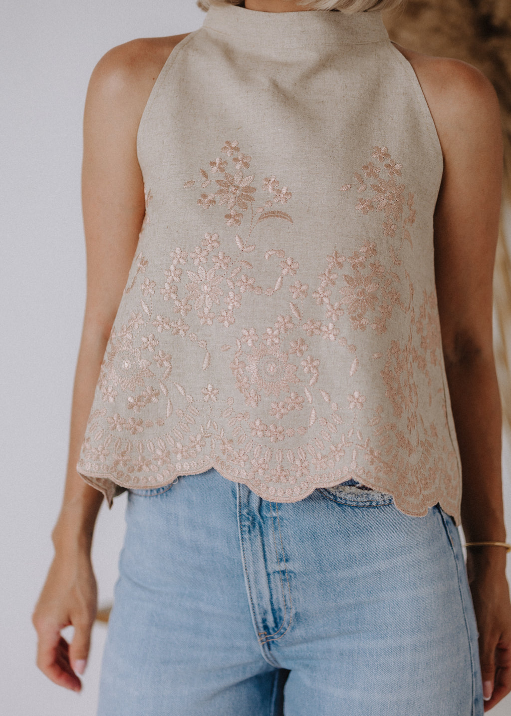 Limited edition embroidered linen top in sand color