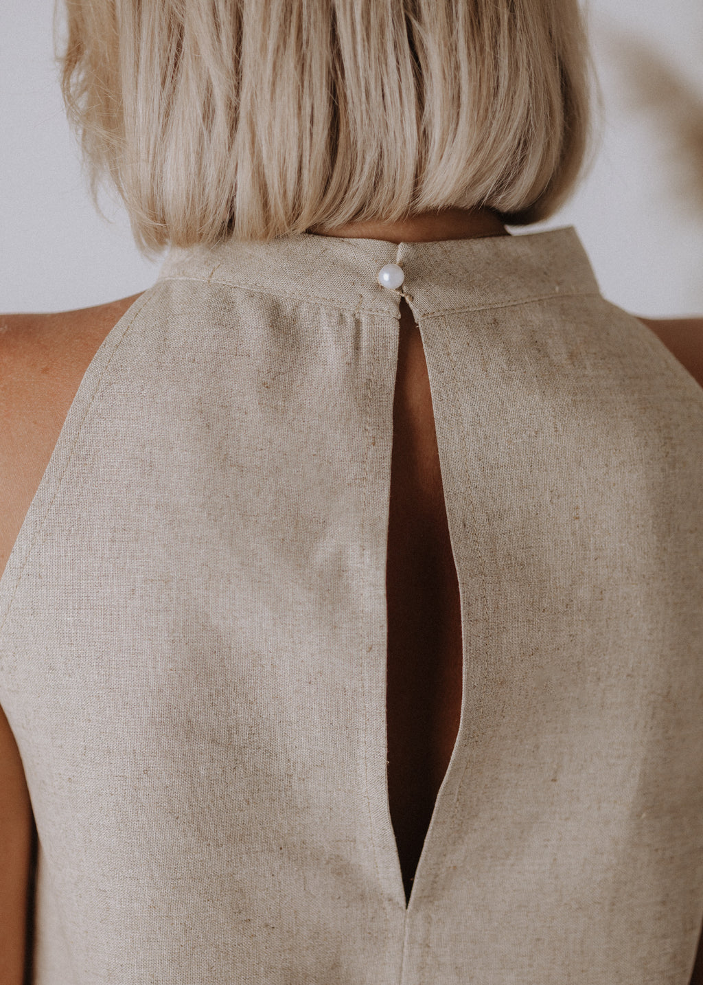 Limited edition embroidered linen top in sand color