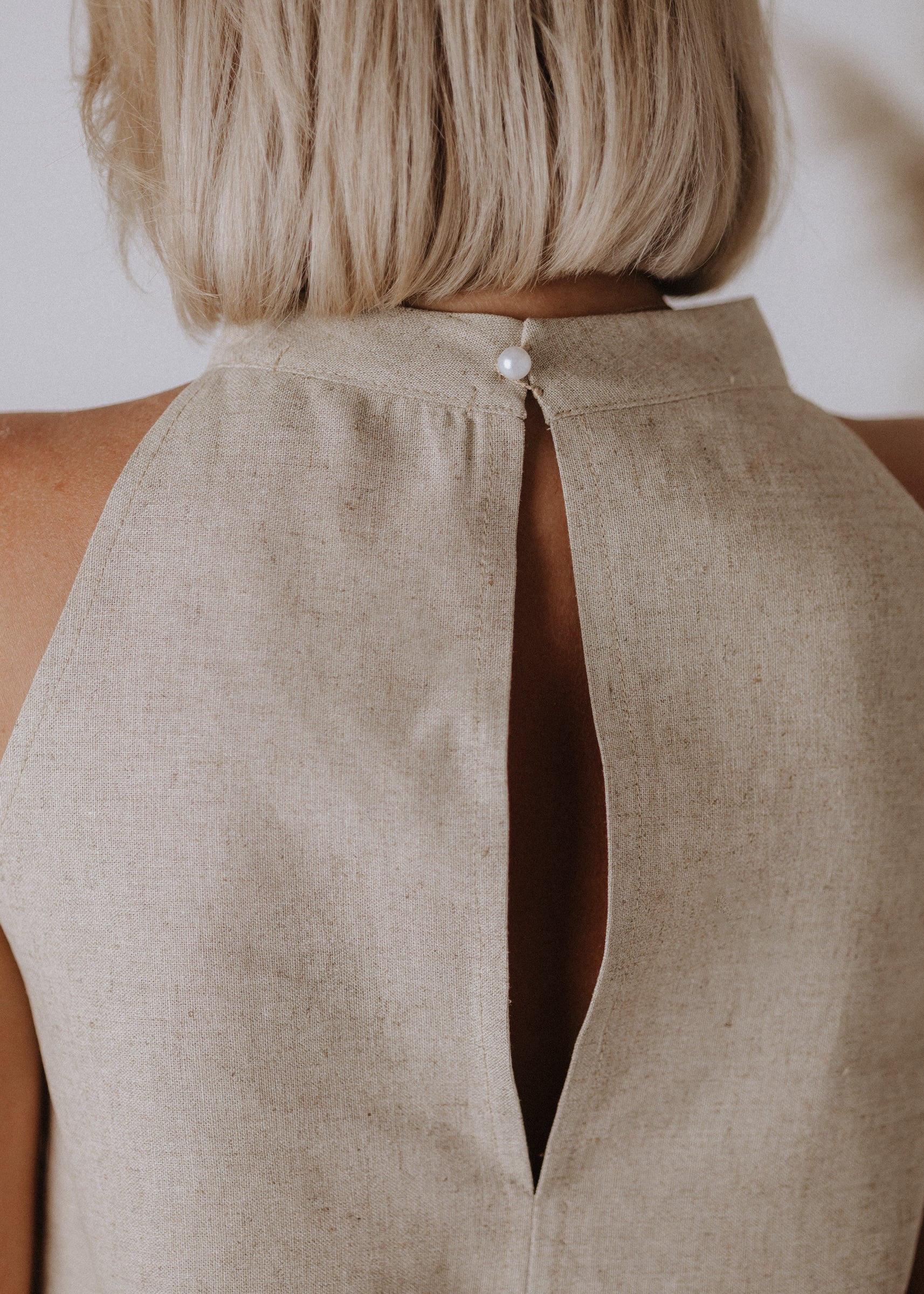 Limited edition embroidered linen top in sand color