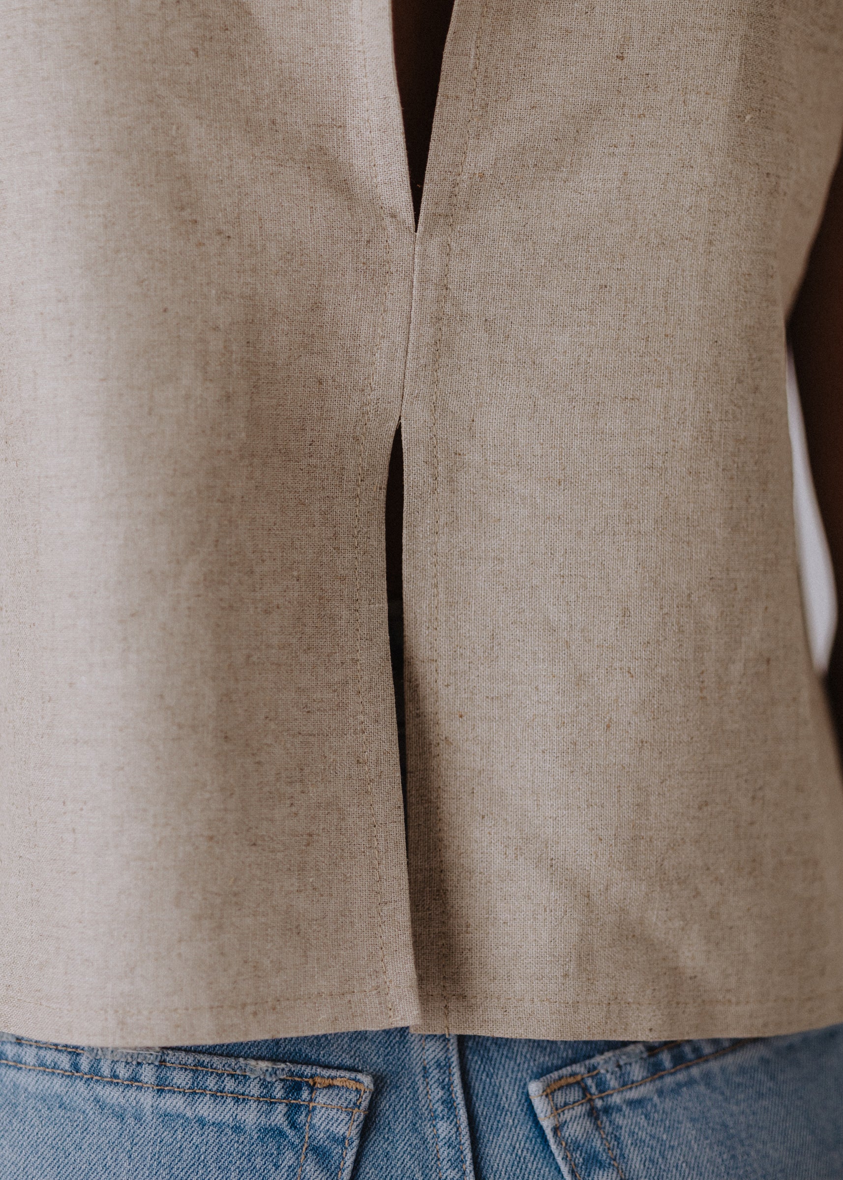 Limited edition embroidered linen top in sand color
