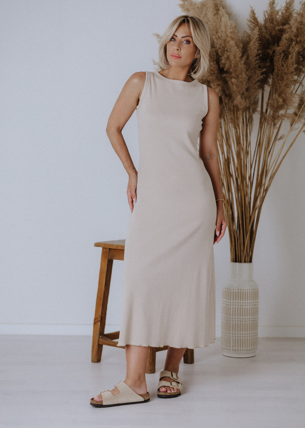 Beige ribbed sleeveless dress