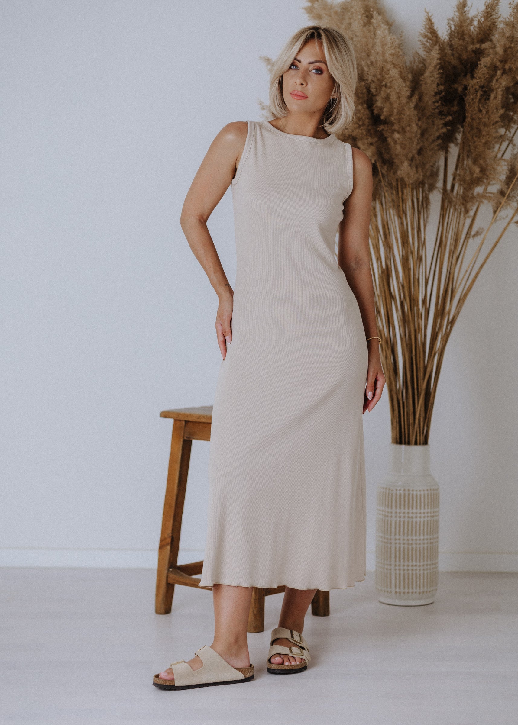 Beige ribbed sleeveless dress