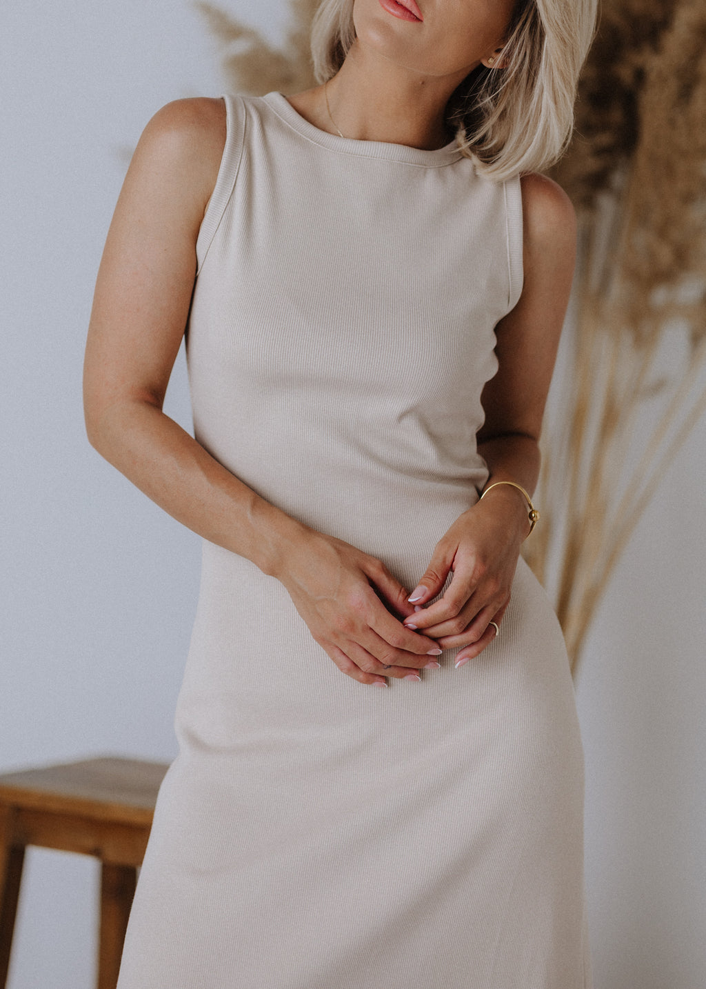 Beige ribbed sleeveless dress