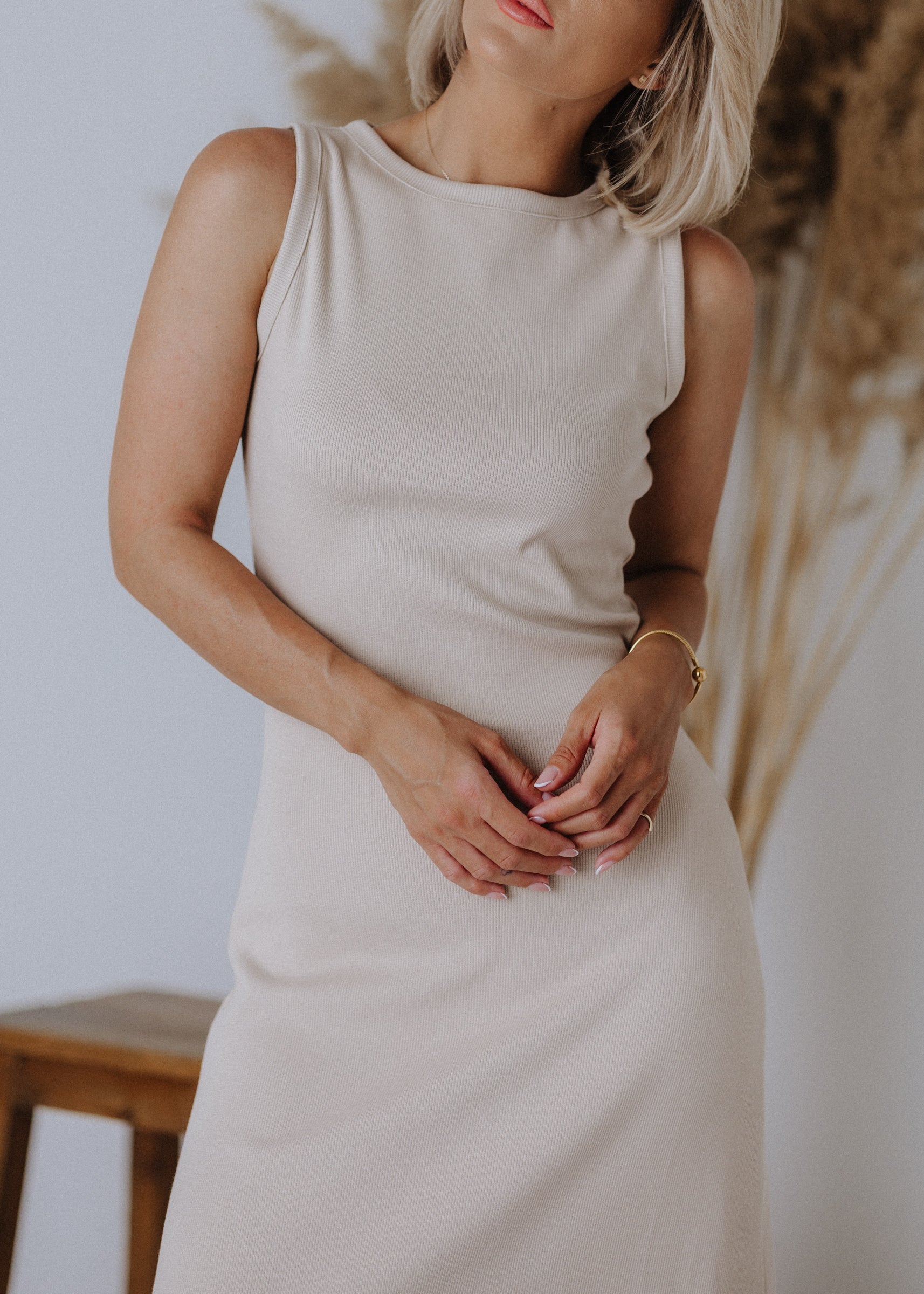 Beige ribbed sleeveless dress