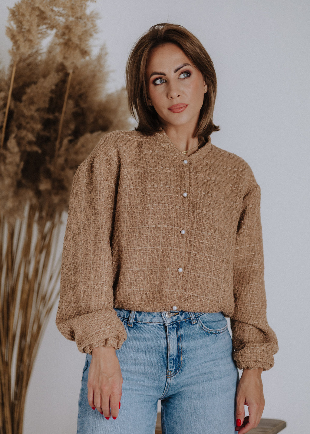 Bomber-style top made of bouclé fabric