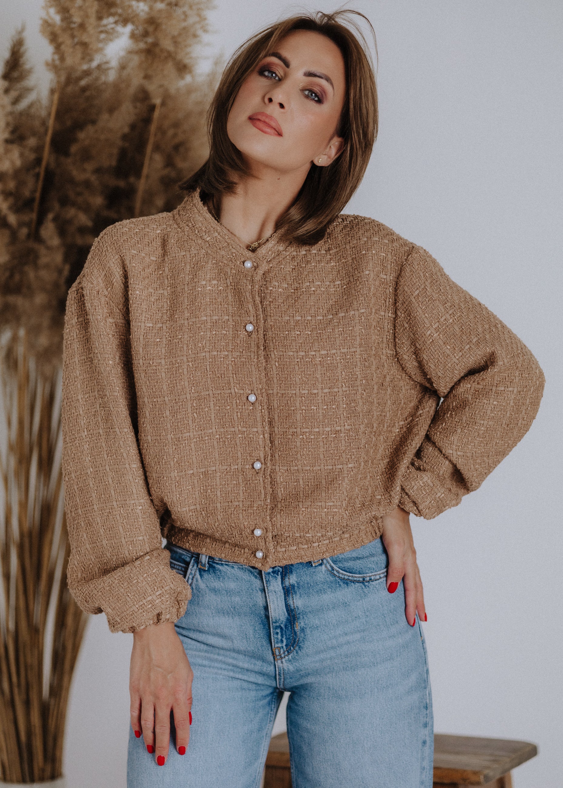 Bomber-style top made of bouclé fabric