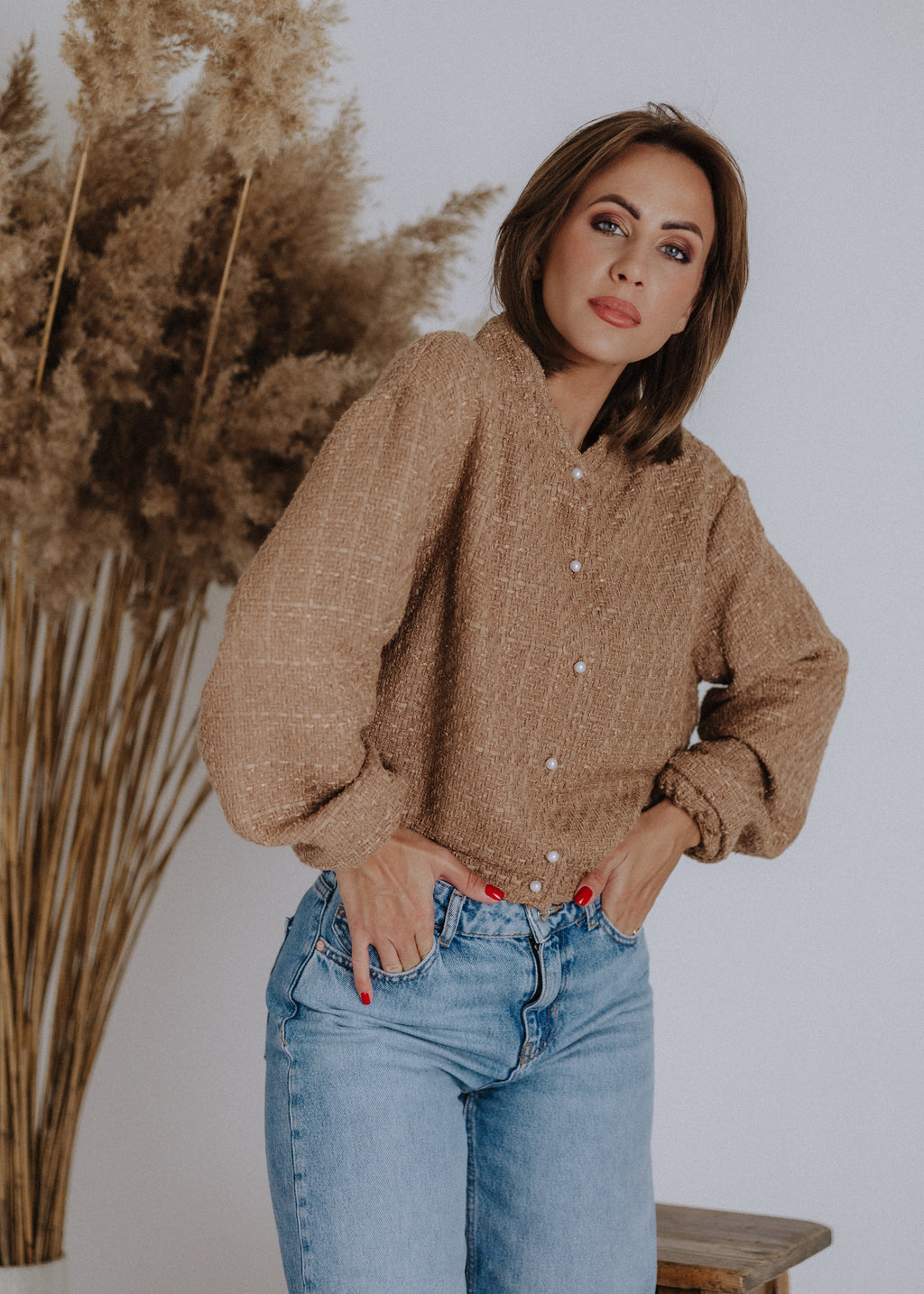 Bomber-style top made of bouclé fabric