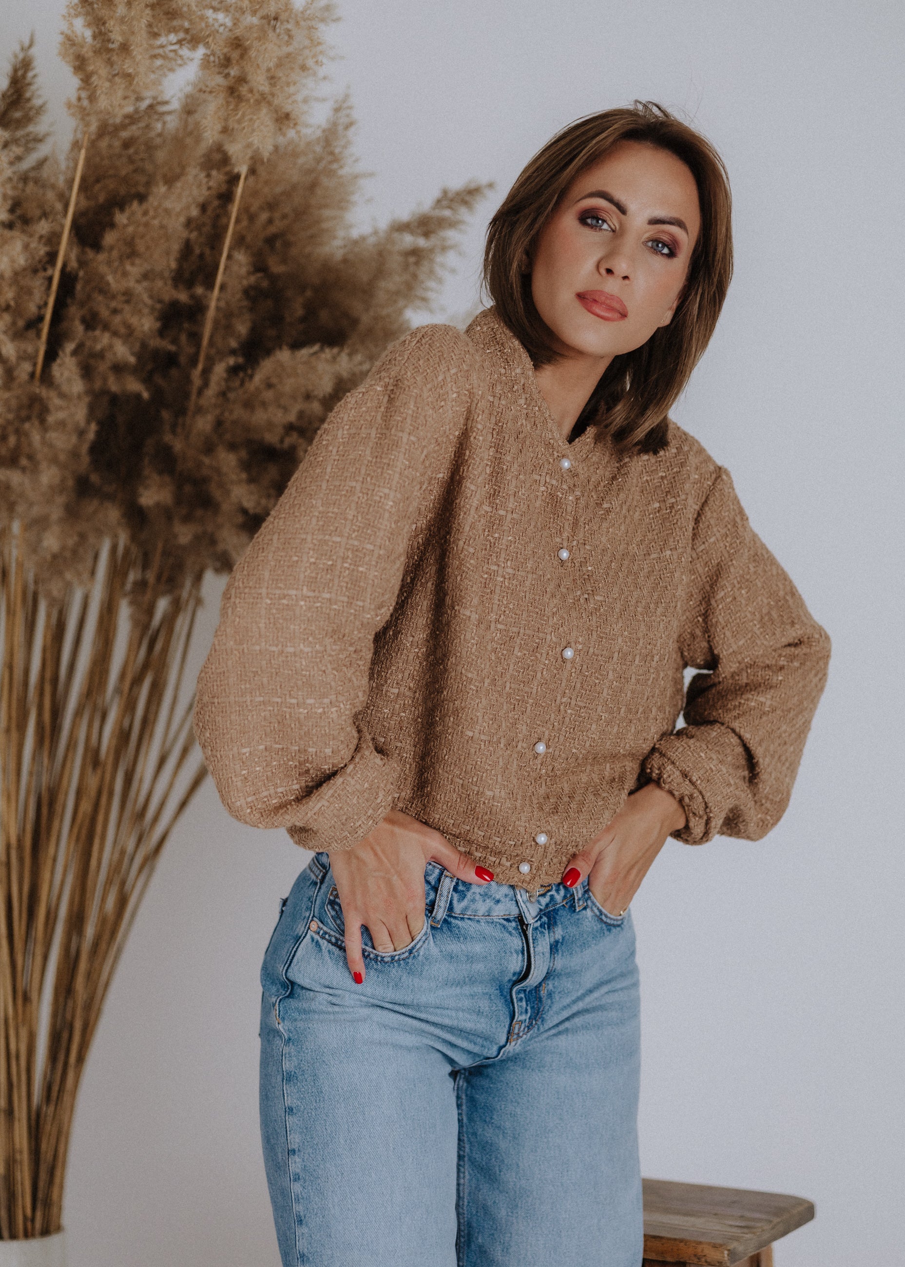 Bomber-style top made of bouclé fabric
