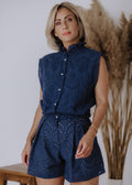Madeira sleeveless bomber top in navy blue