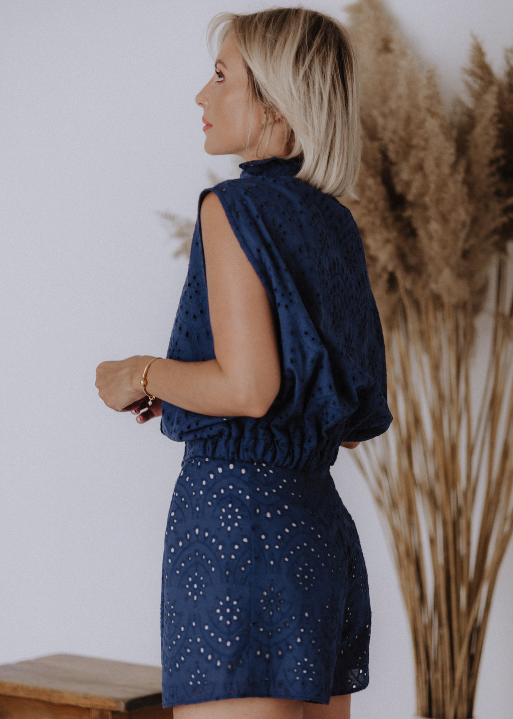 Madeira sleeveless bomber top in navy blue